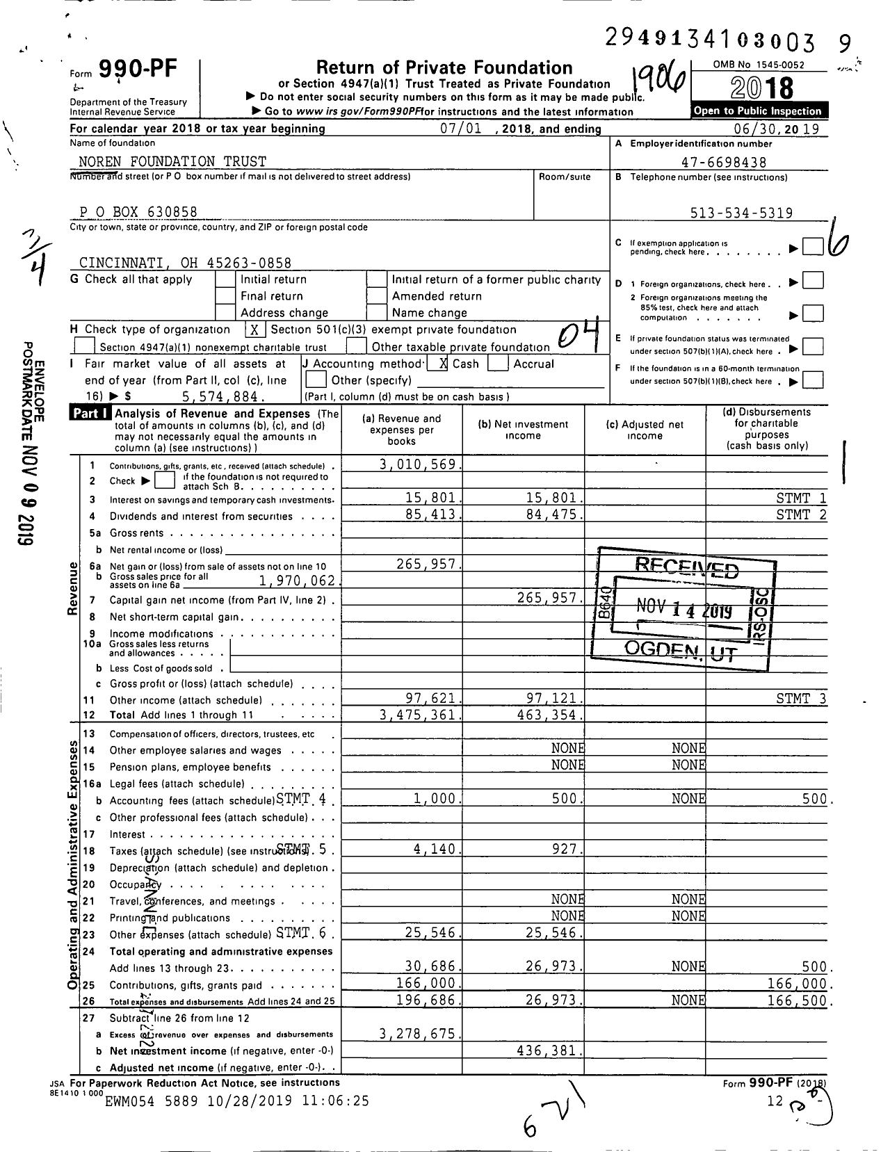 Image of first page of 2018 Form 990PF for Noren Foundation Trust