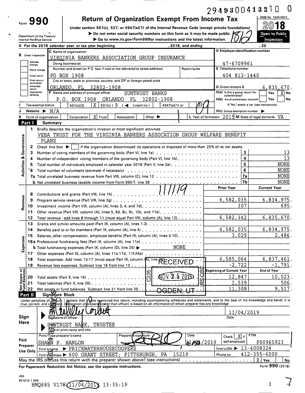 Image of first page of 2018 Form 990O for State Bankers Association Group Insurance