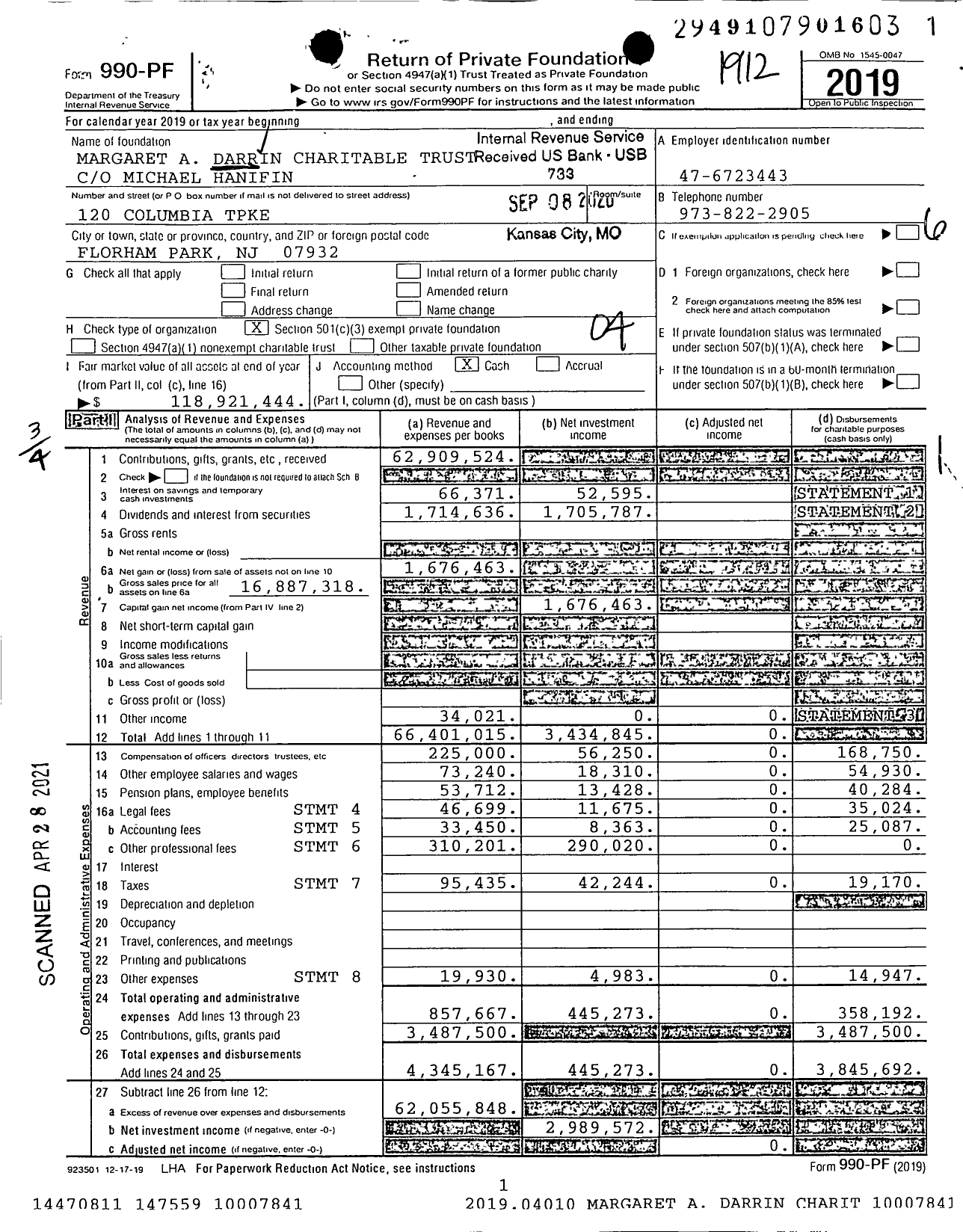 Image of first page of 2019 Form 990PF for Margaret A Darrin Charitable Trust