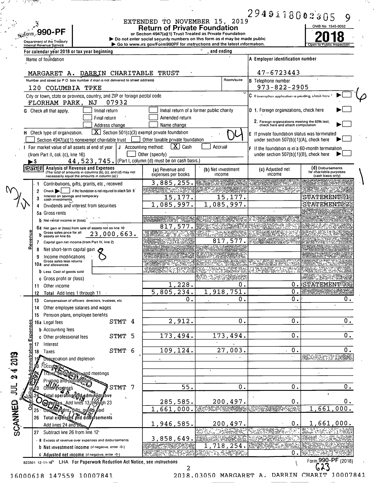 Image of first page of 2018 Form 990PF for Margaret A Darrin Charitable Trust