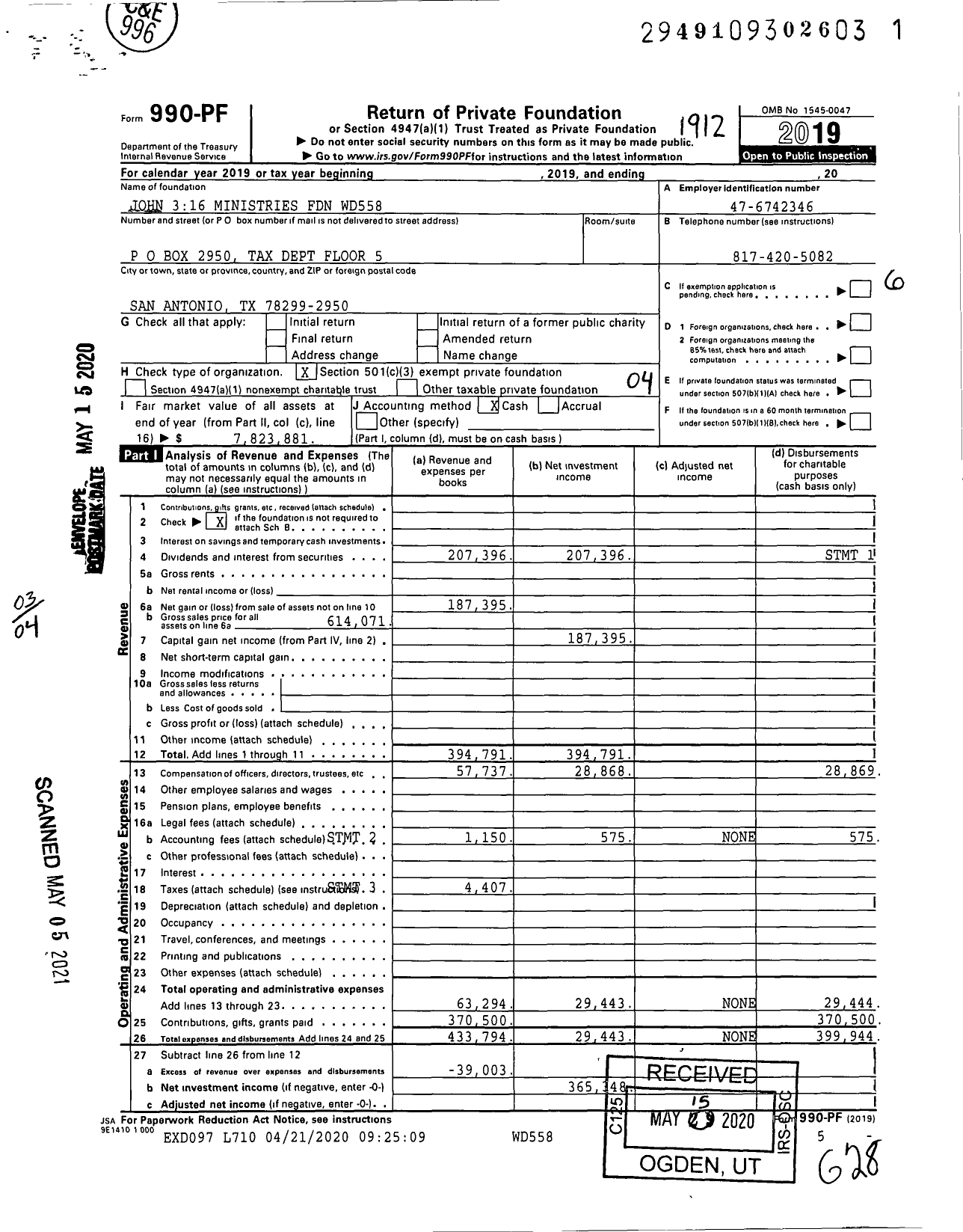 Image of first page of 2019 Form 990PF for John 316 Ministries Foundation WD558