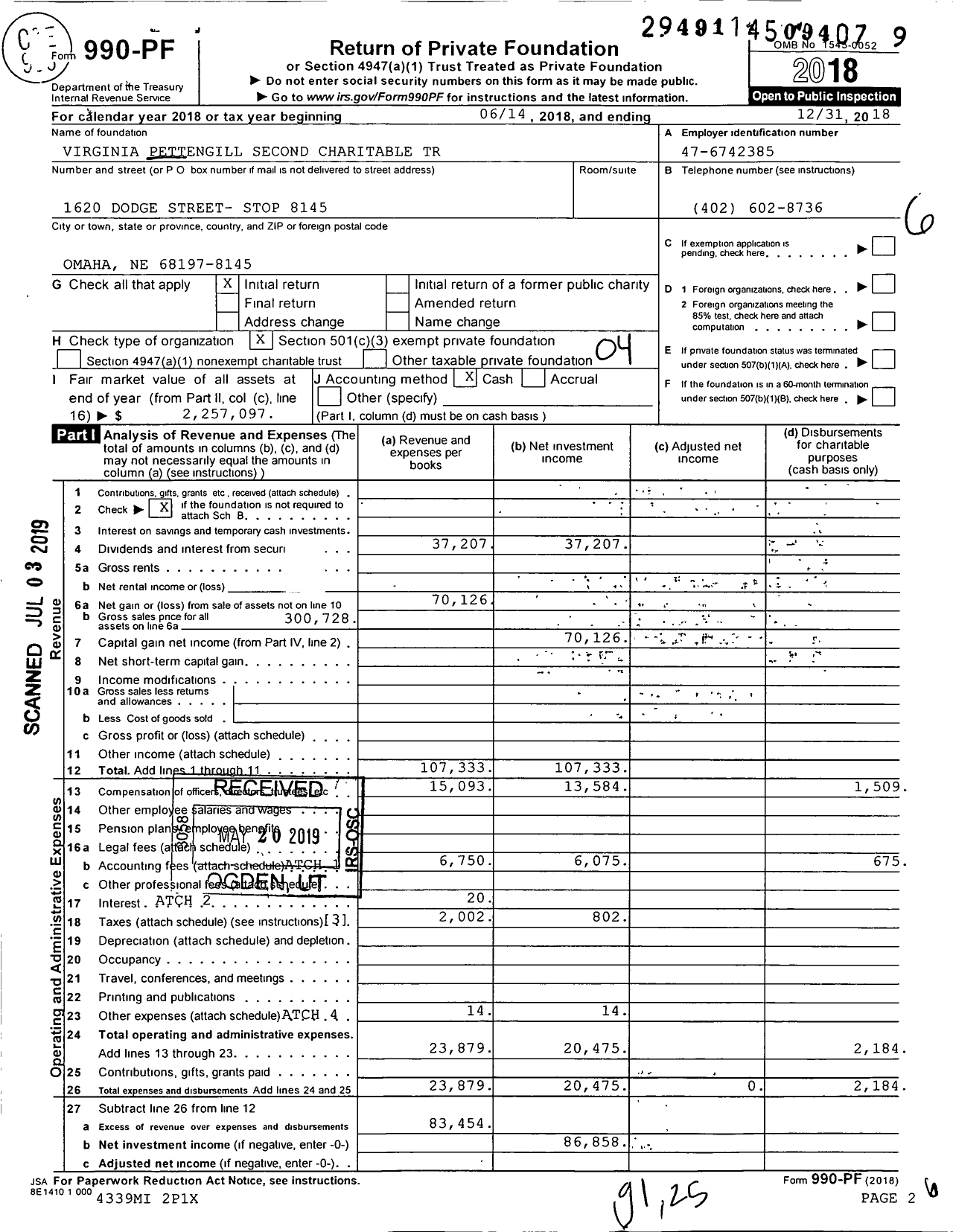 Image of first page of 2018 Form 990PF for Virginia Pettengill Second Charitable Tr