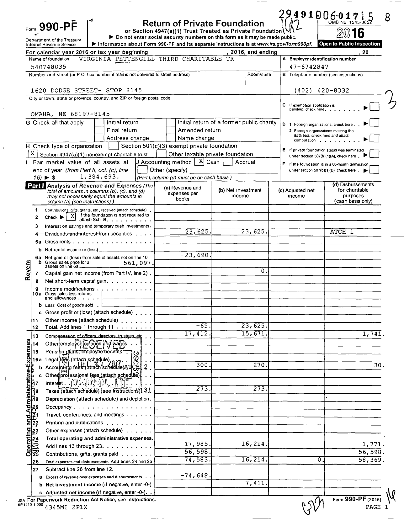 Image of first page of 2016 Form 990PF for Virginia Pettengill Third Charitable Tr