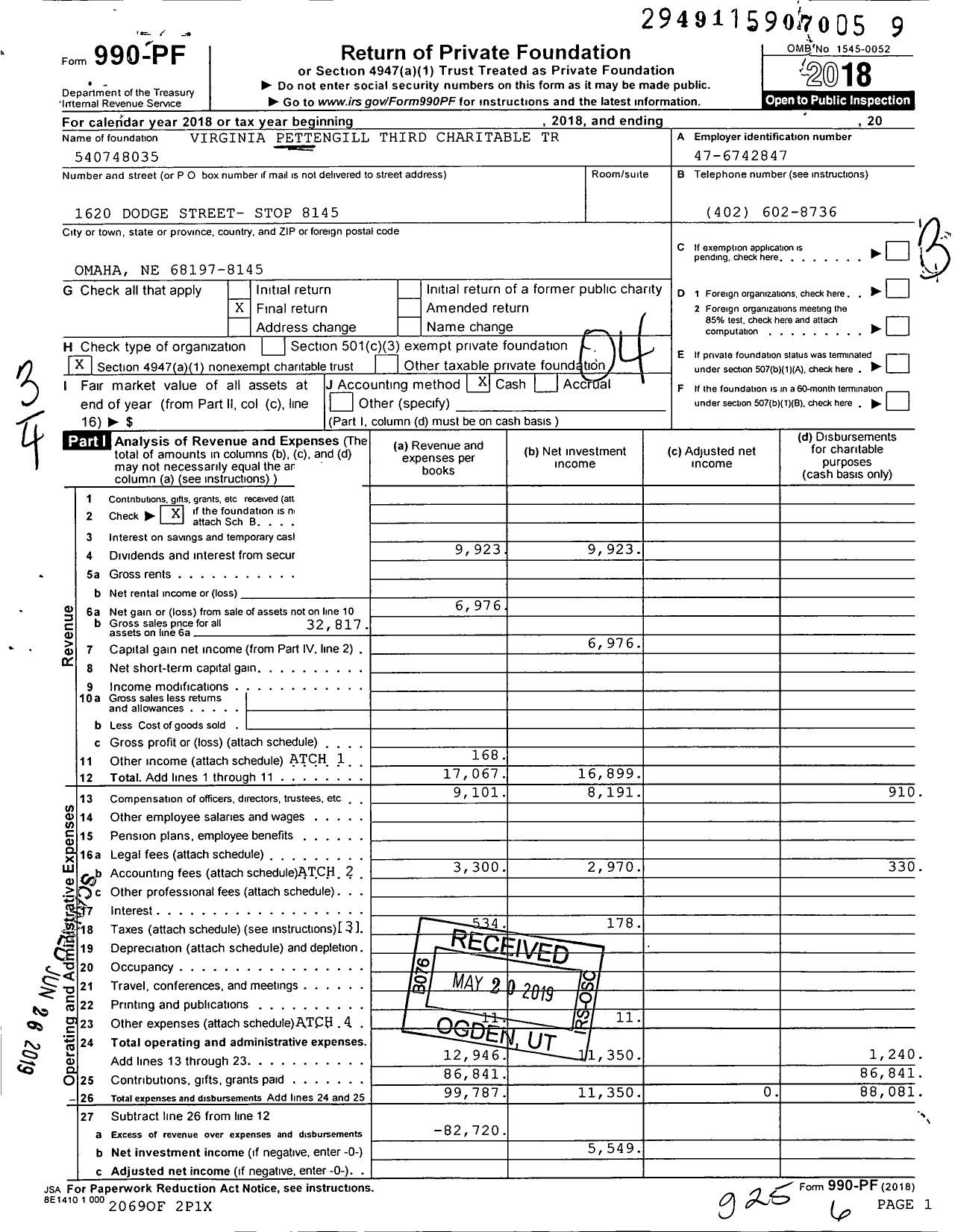 Image of first page of 2018 Form 990PF for Virginia Pettengill Third Charitable Tr