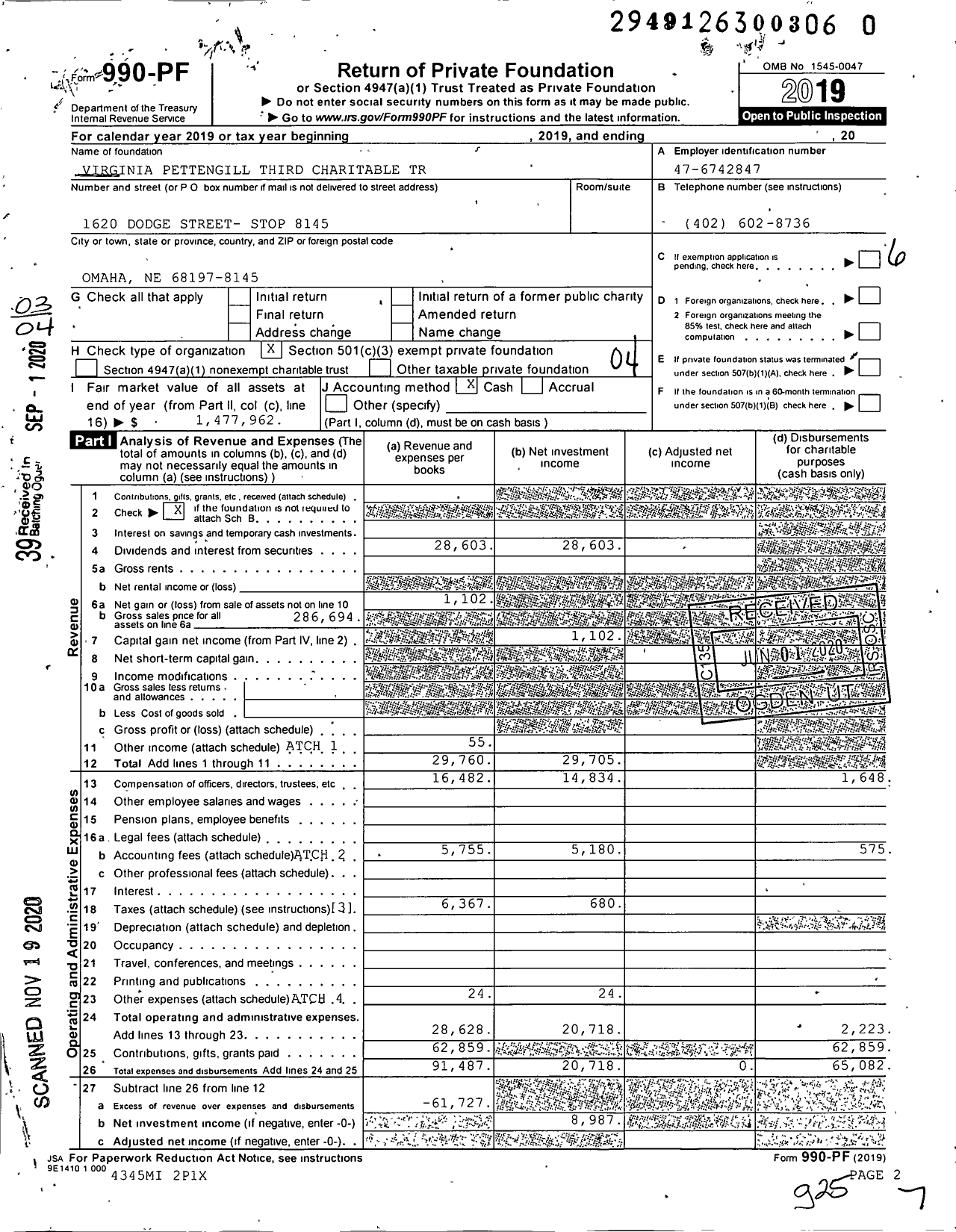 Image of first page of 2019 Form 990PF for Virginia Pettengill Third Charitable Tr