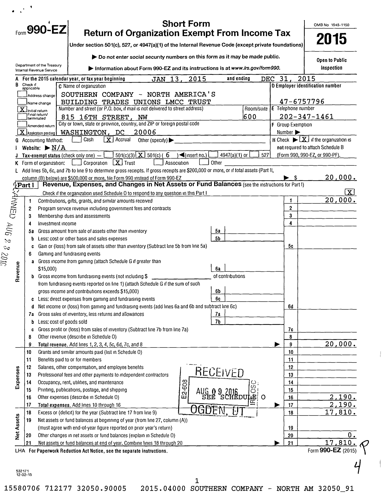 Image of first page of 2015 Form 990EO for Southern Company - North America's Building Trades Unions LMCC Trust