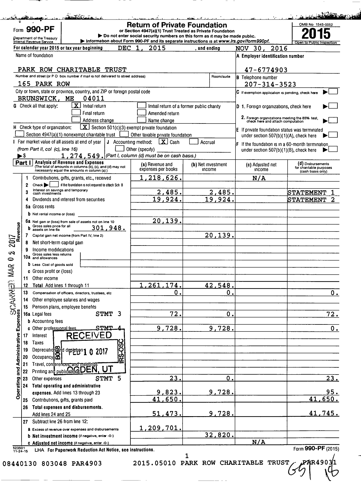 Image of first page of 2015 Form 990PF for Park Row Charitable Trust