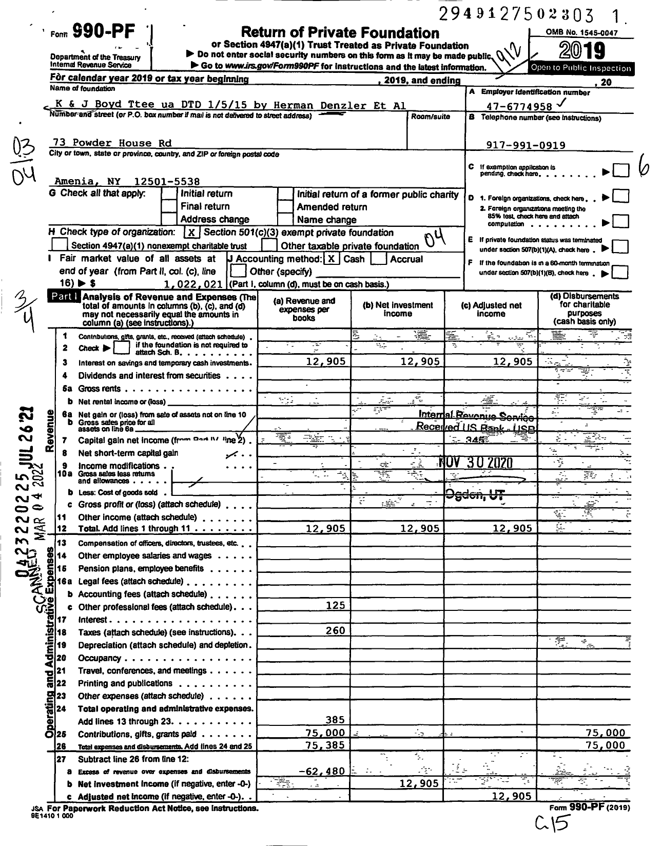 Image of first page of 2019 Form 990PF for Denzler-Taconic Foundation