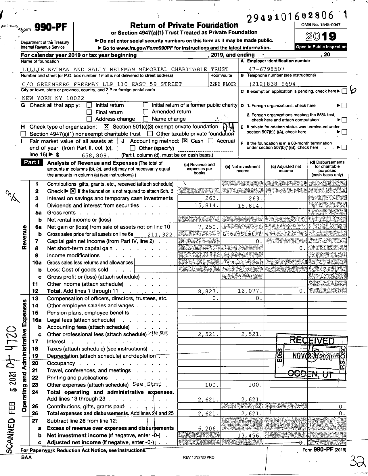 Image of first page of 2019 Form 990PF for Lillie Nathan and Sally Helfman Memorial Charitable Trust