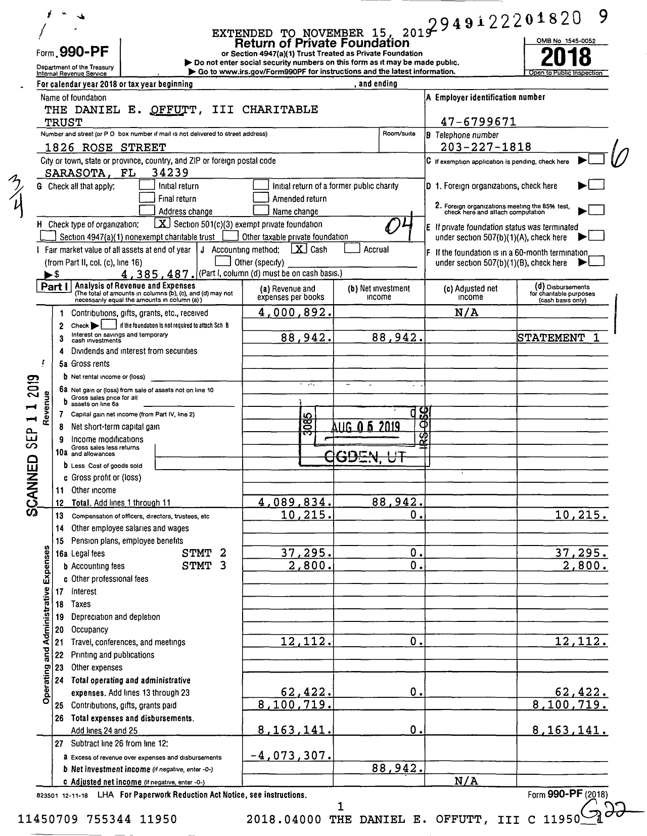 Image of first page of 2018 Form 990PF for The Daniel E Offutt Iii Charitable Trust