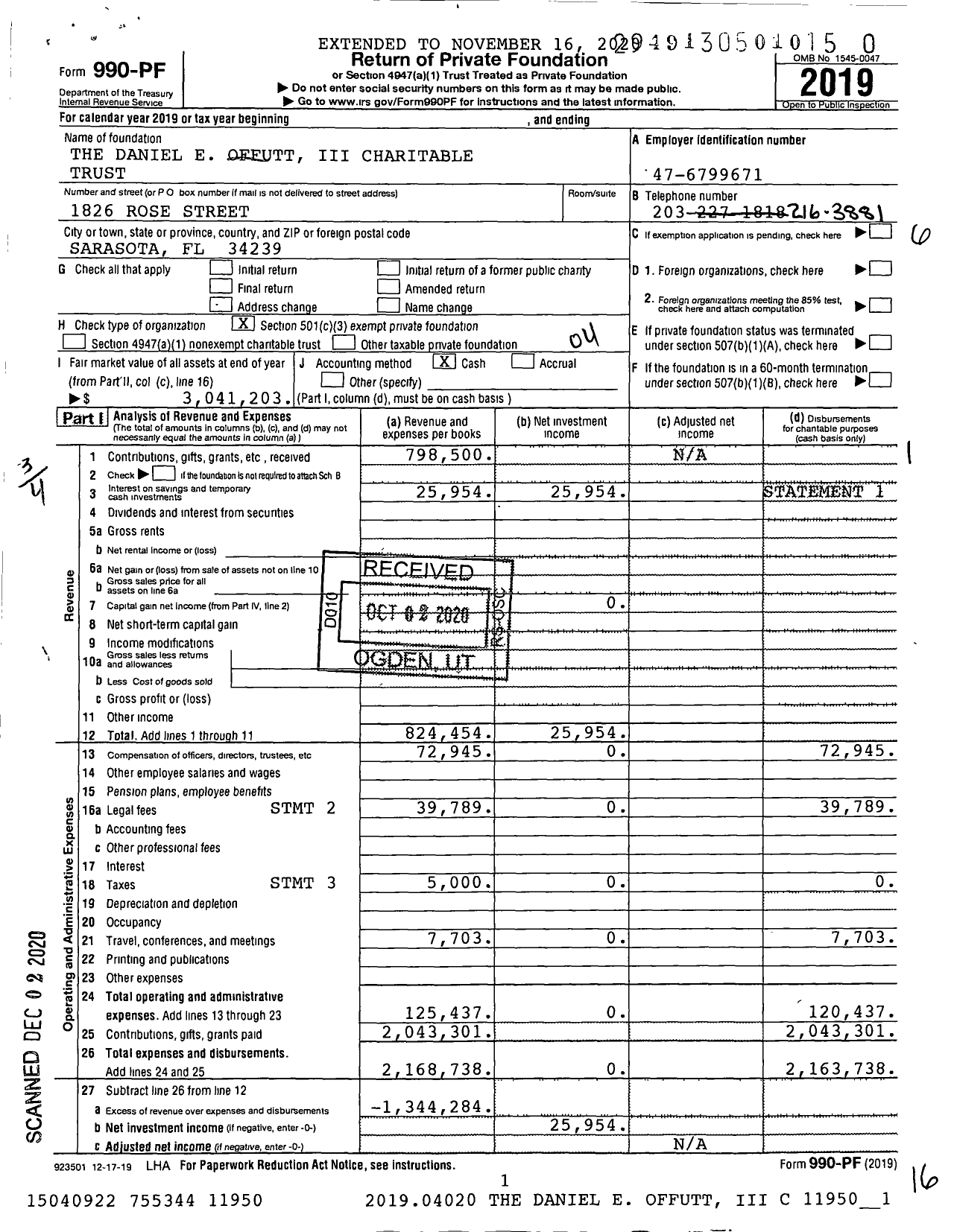 Image of first page of 2019 Form 990PF for The Daniel E Offutt Iii Charitable Trust