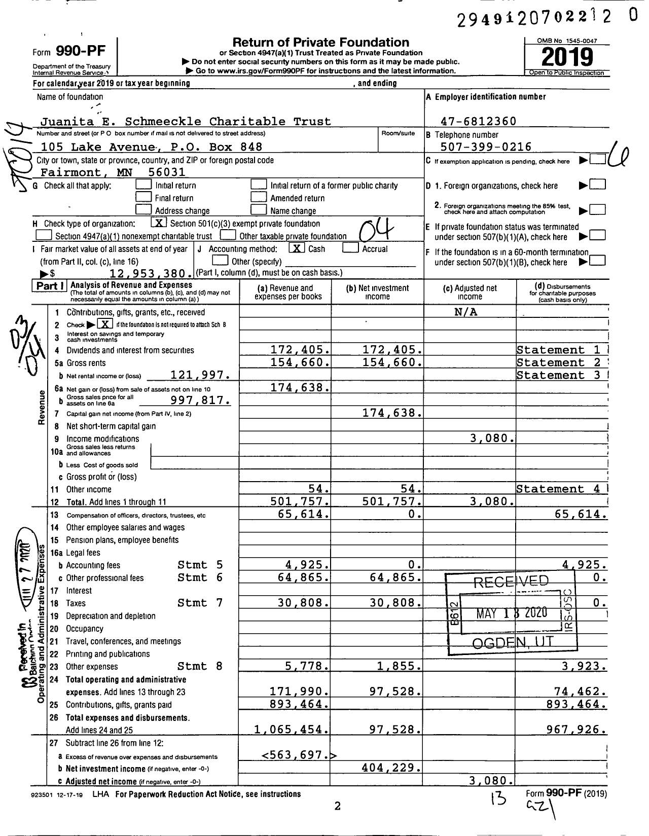 Image of first page of 2019 Form 990PR for Juanita E Schmeeckle Charitable Trust