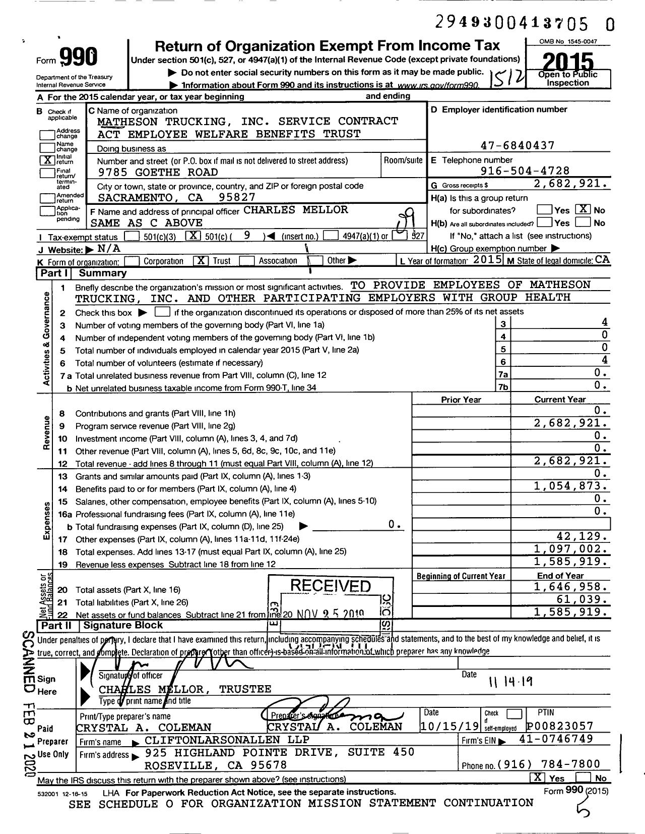 Image of first page of 2015 Form 990O for Matheson Trucking Service Contract Act Employee Welfare Benefits Trust