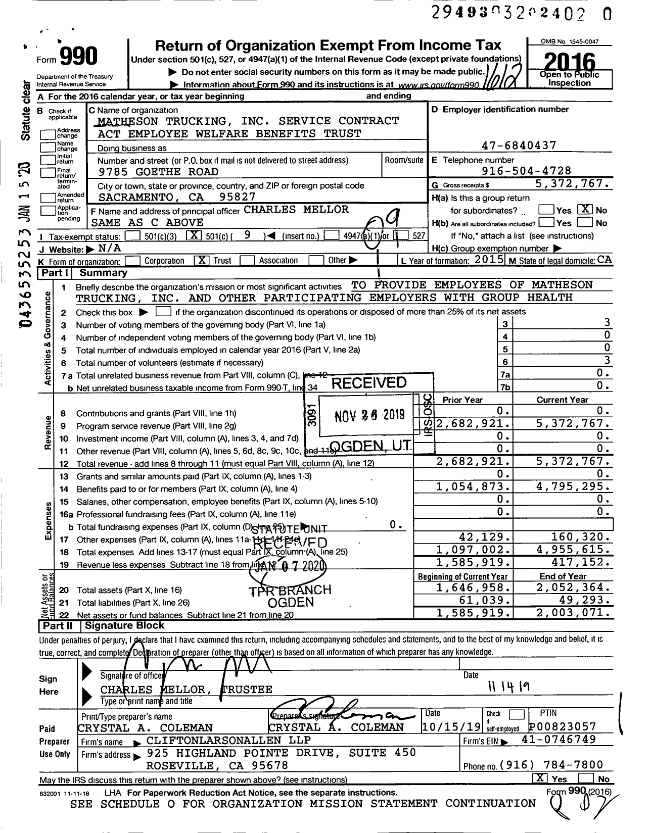 Image of first page of 2016 Form 990O for Matheson Trucking Service Contract Act Employee Welfare Benefits Trust