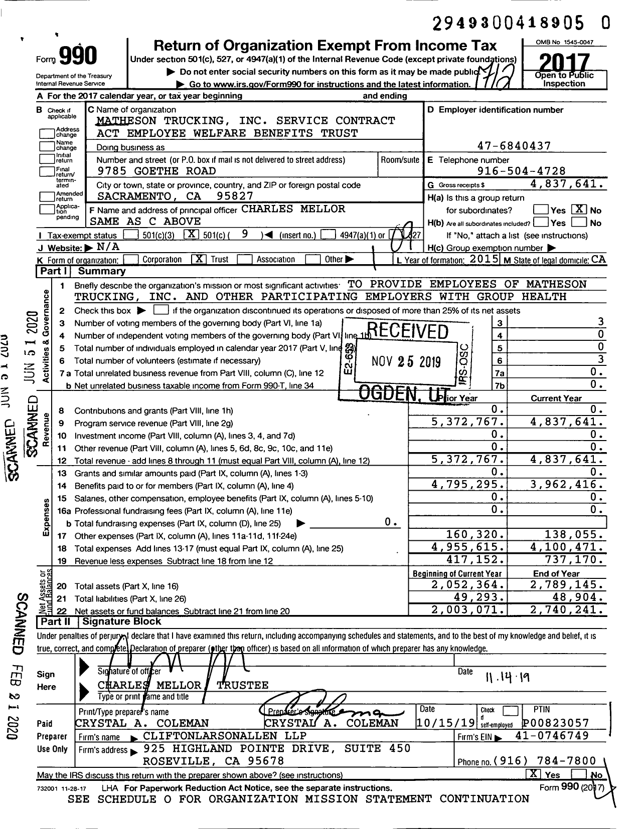 Image of first page of 2017 Form 990O for Matheson Trucking Service Contract Act Employee Welfare Benefits Trust