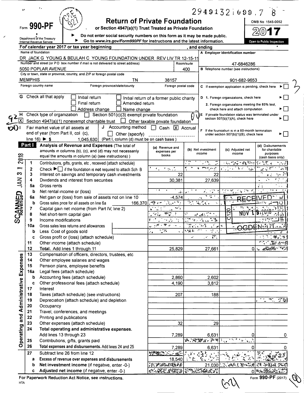 Image of first page of 2017 Form 990PF for Dr Jack G Young and Beulah C Young Foundation Under Rev Liv TR 12-15-11