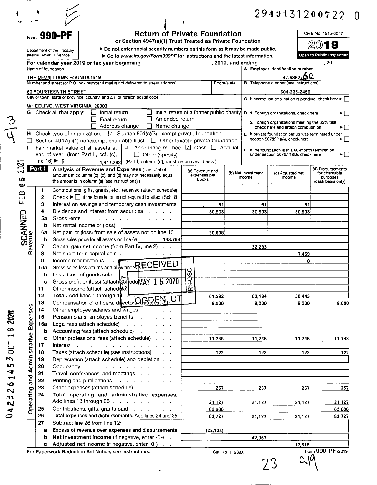 Image of first page of 2019 Form 990PF for The Mcwilliams Foundation
