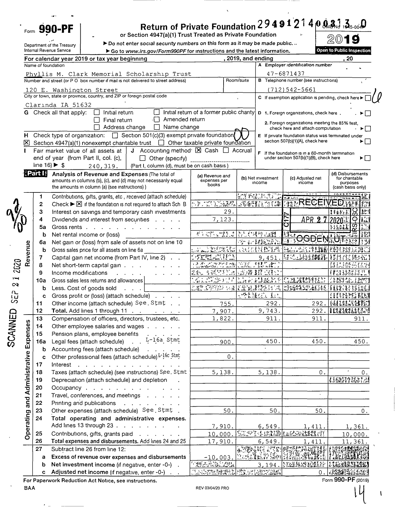 Image of first page of 2019 Form 990PR for Phyllis M Clark Memorial Scholarship