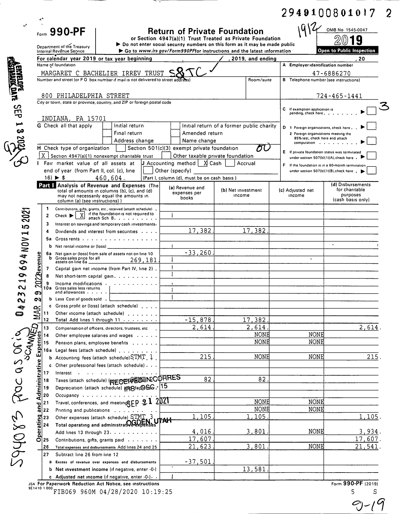 Image of first page of 2019 Form 990PF for Margaret C Bachelier Irrev Trust