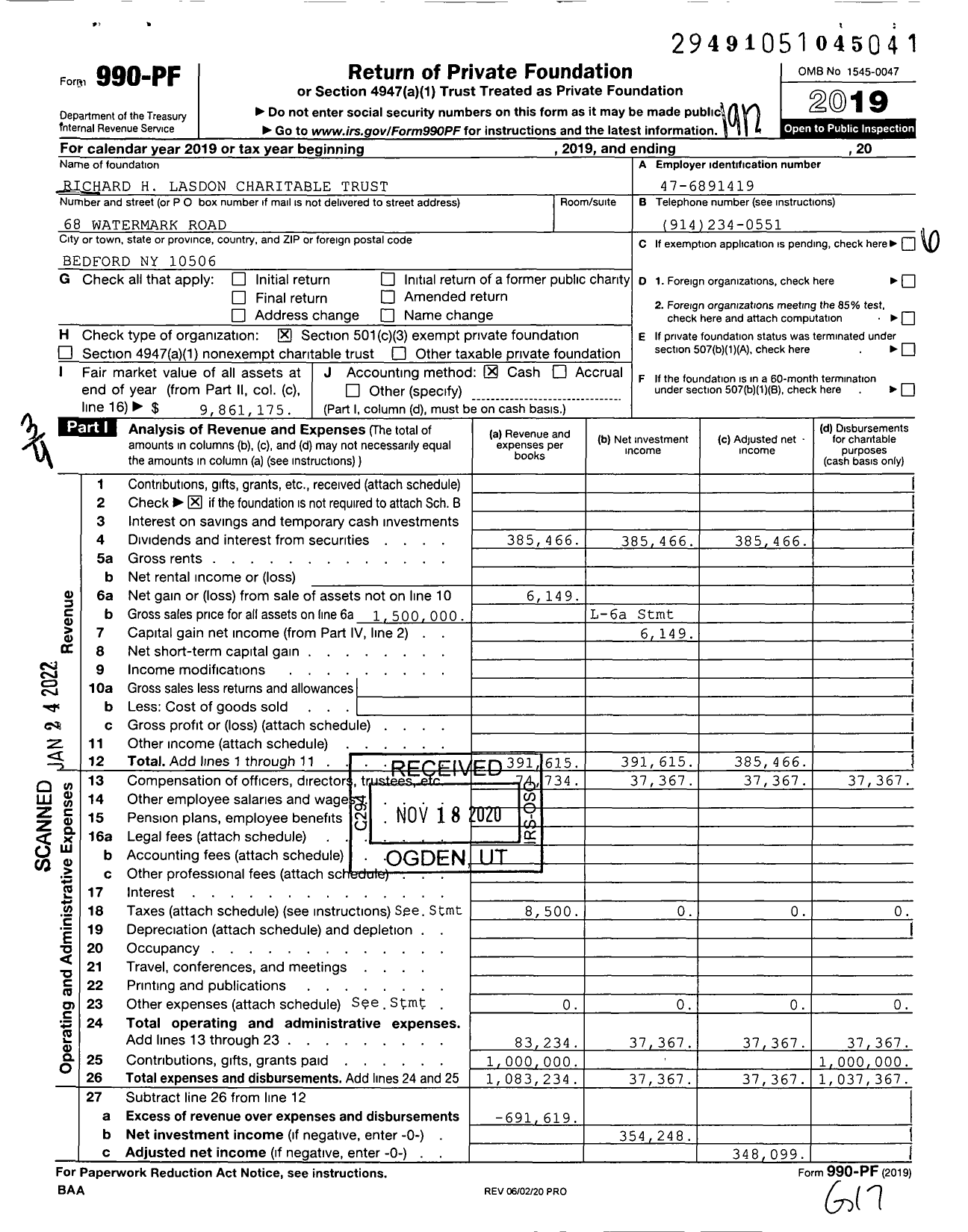 Image of first page of 2019 Form 990PF for Richard H Lasdon Charitable Trust