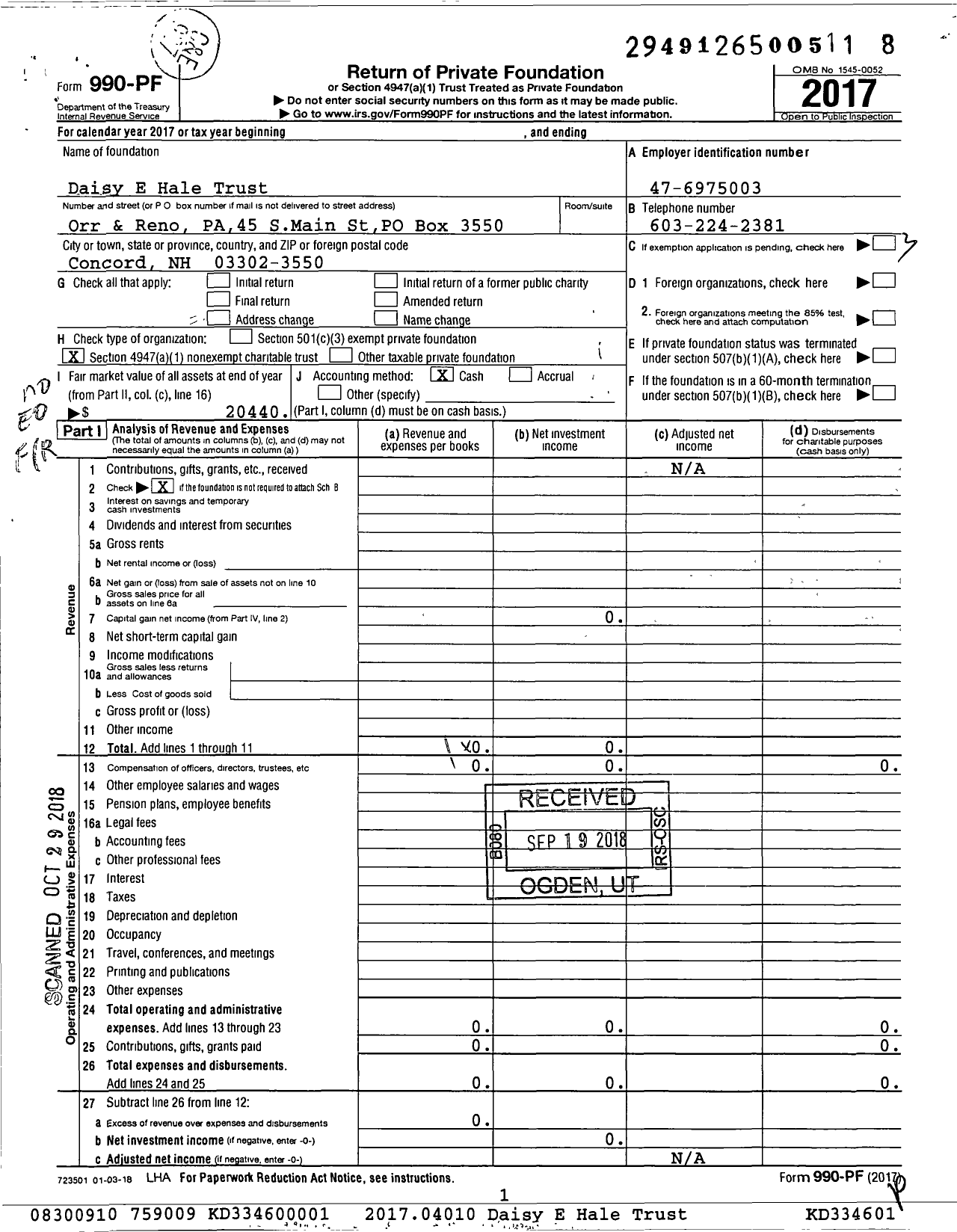 Image of first page of 2017 Form 990PF for Daisy E Hale Trust