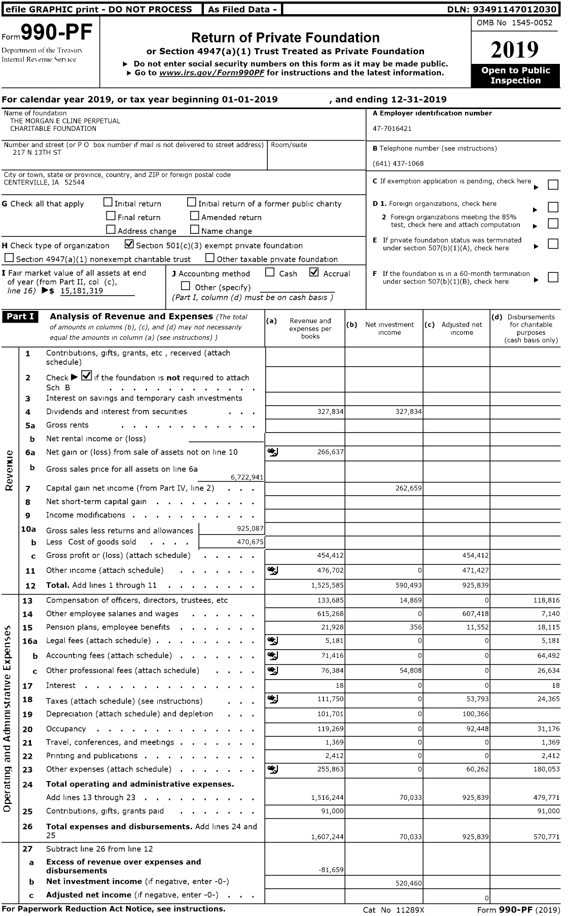 Image of first page of 2019 Form 990PR for Morgan E Cline Perpetual Charitable Foundation