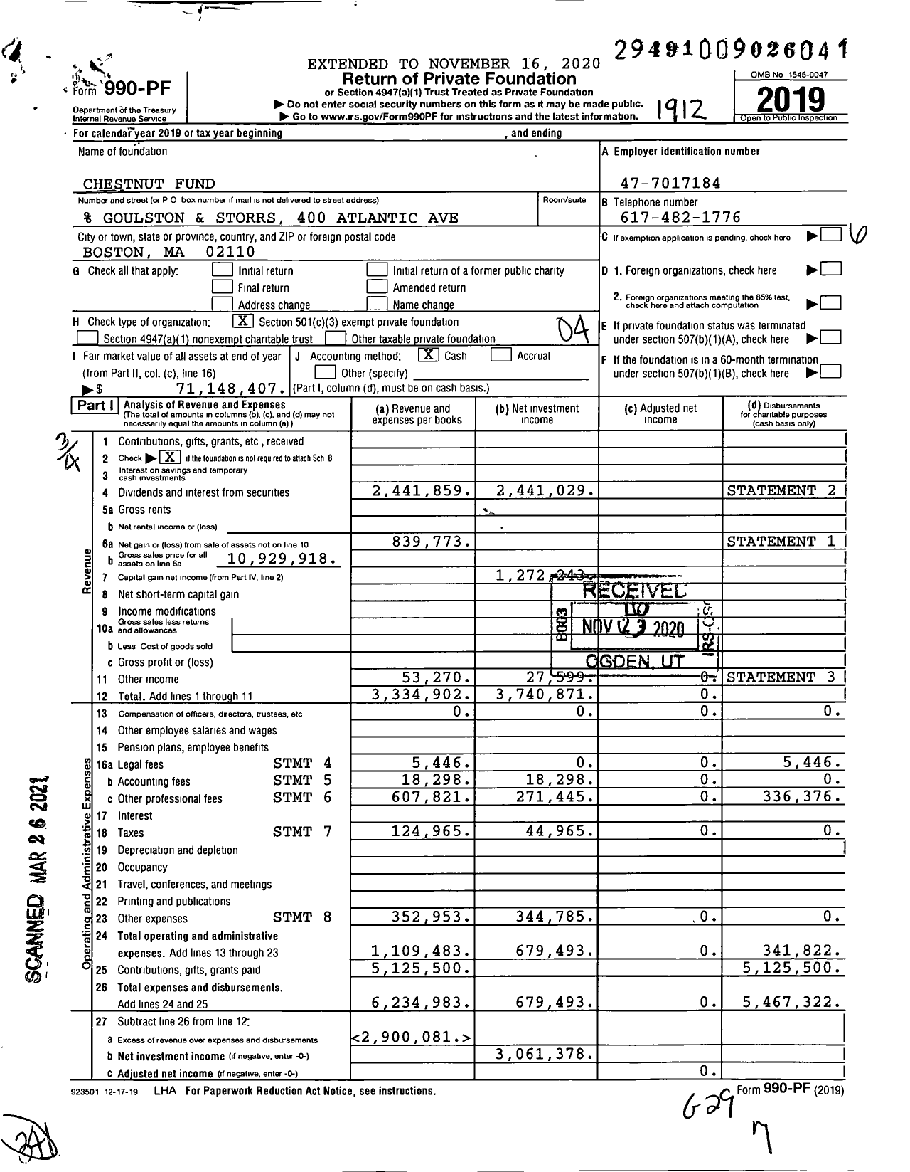 Image of first page of 2019 Form 990PF for Chestnut Fund