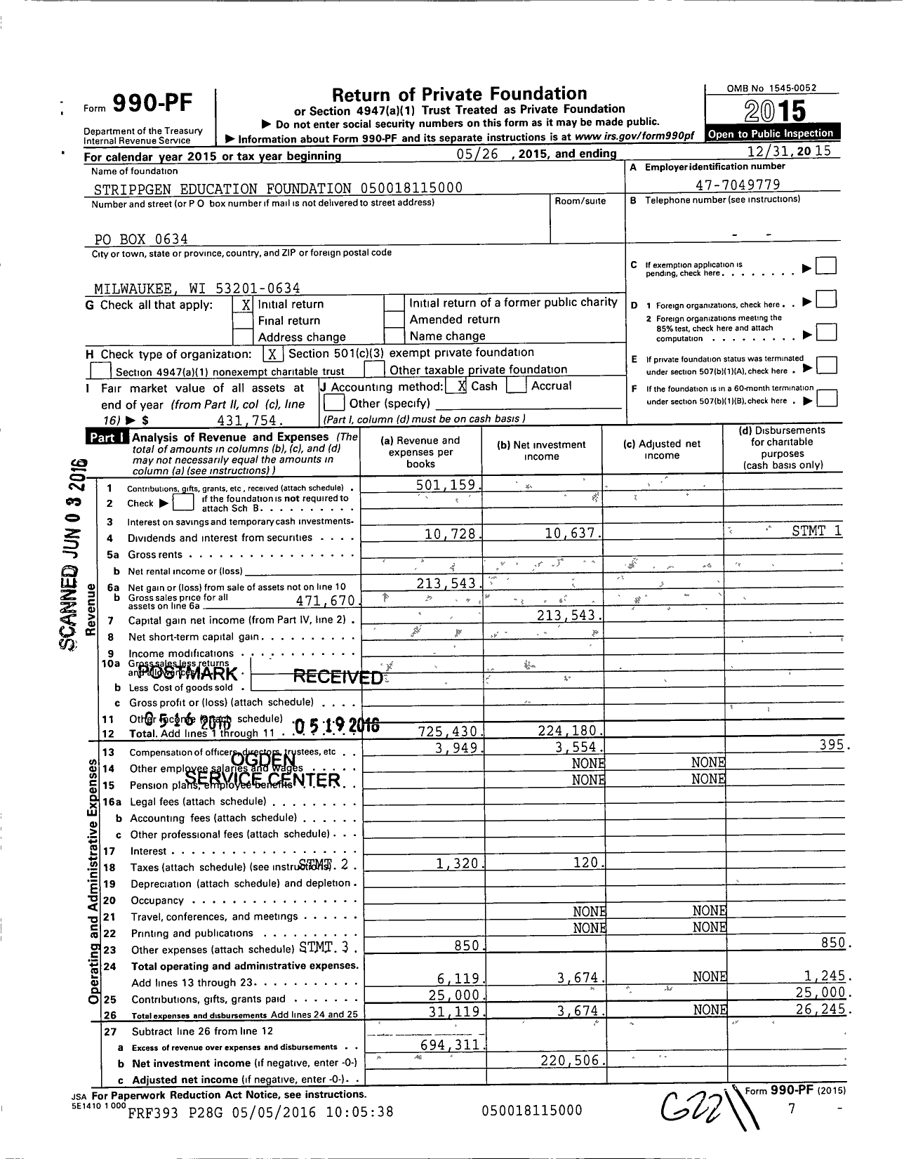 Image of first page of 2015 Form 990PF for Strippgen Education Foundation