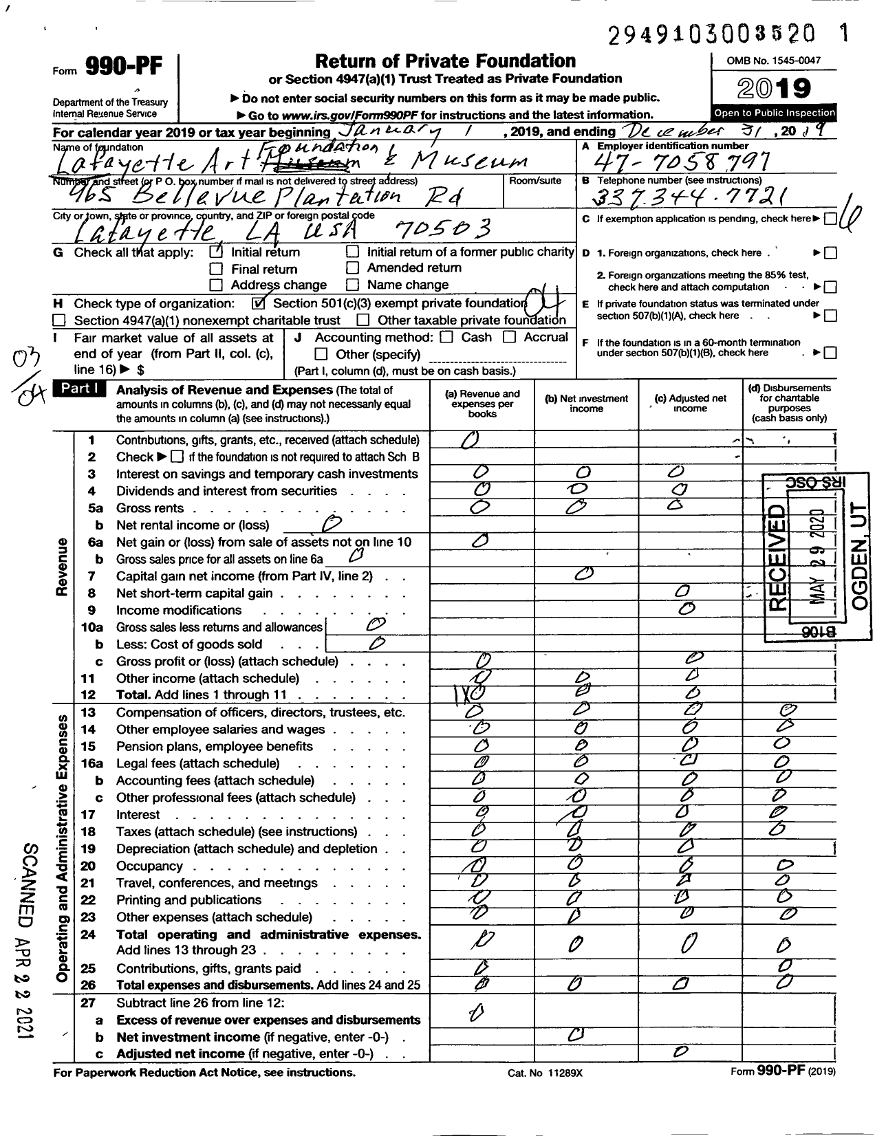 Image of first page of 2019 Form 990PF for Lafayette Art Foundation and Museum