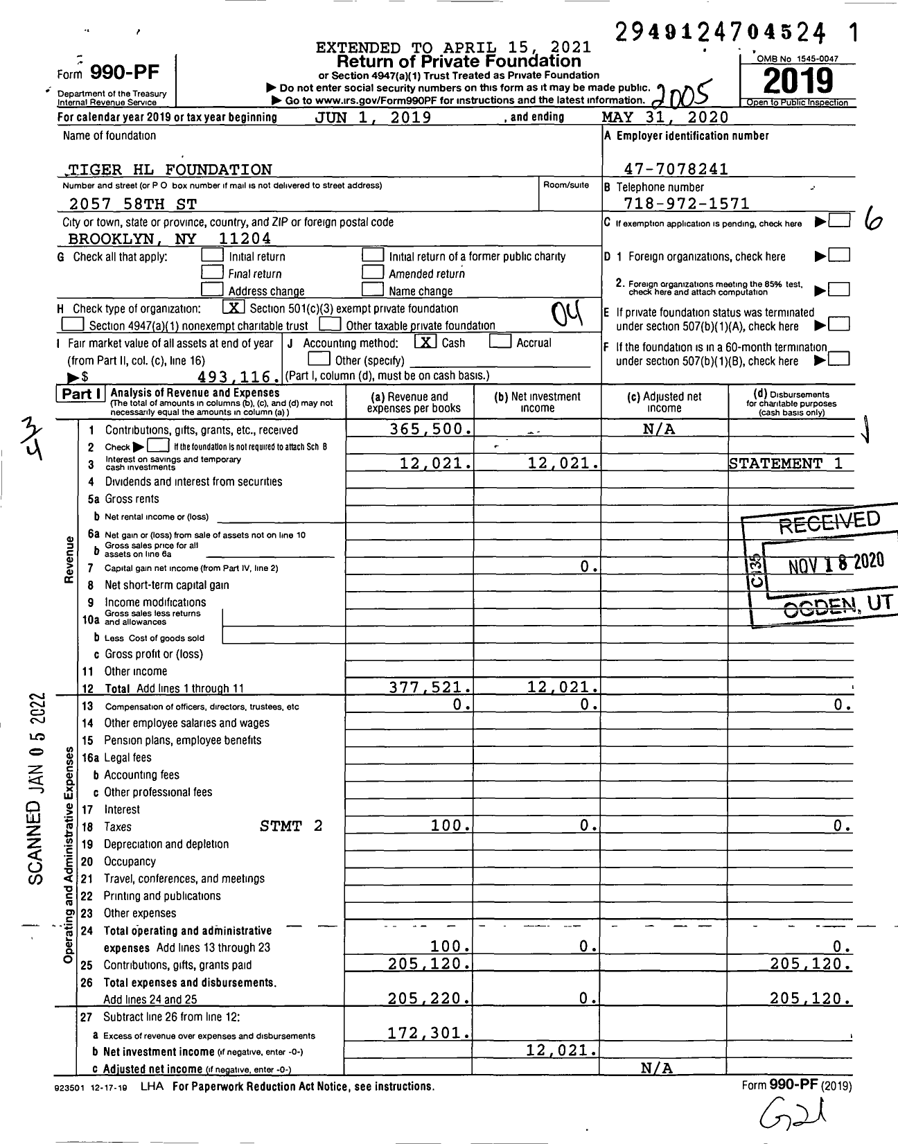 Image of first page of 2019 Form 990PF for Tiger HL Foundation