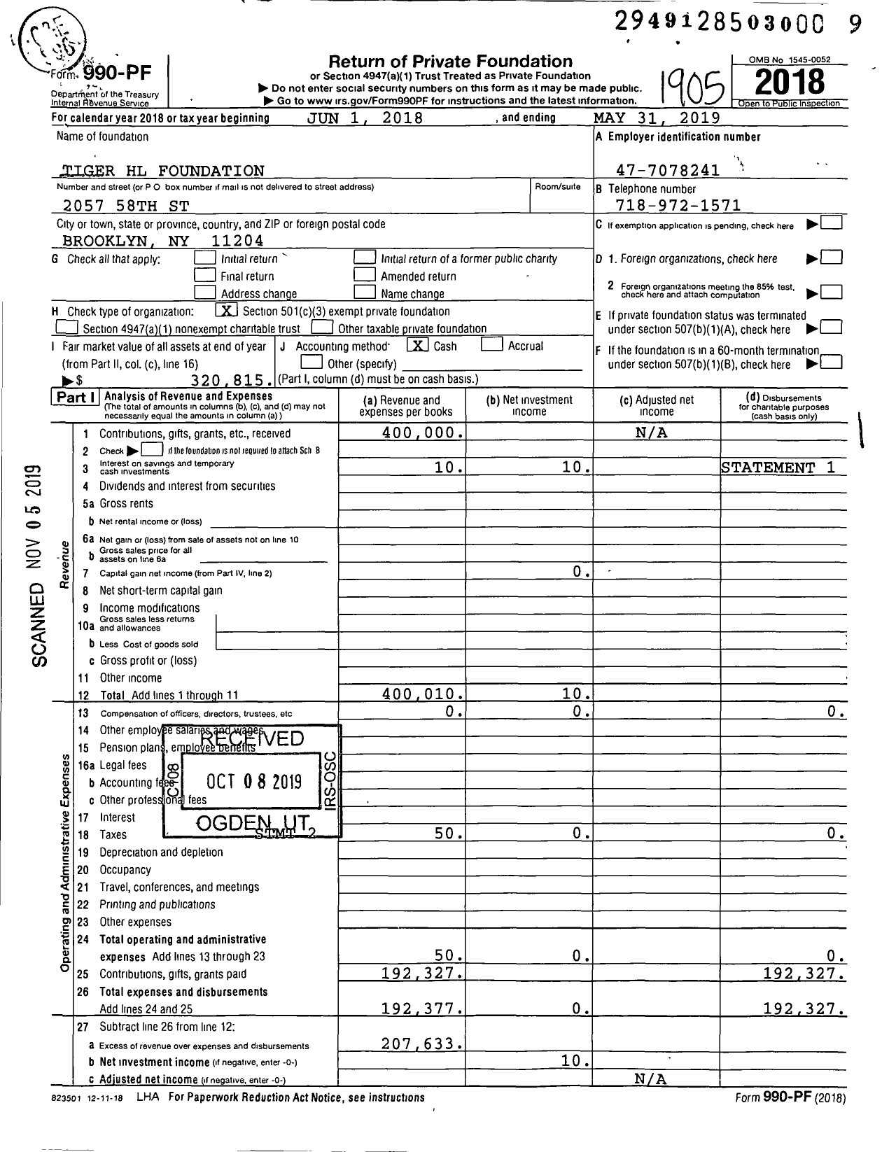 Image of first page of 2018 Form 990PF for Tiger HL Foundation