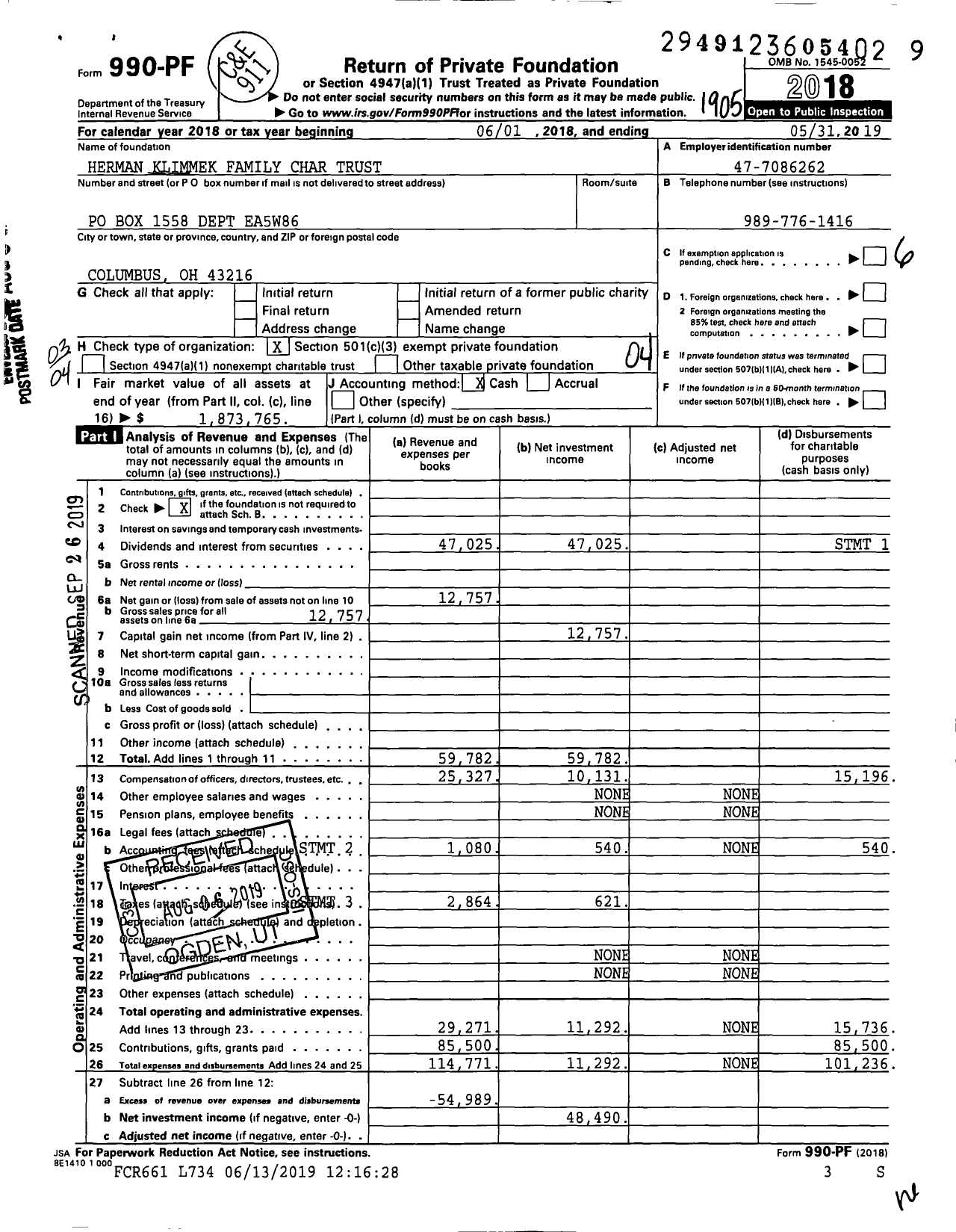 Image of first page of 2018 Form 990PF for Herman Klimmek Family Char Trust