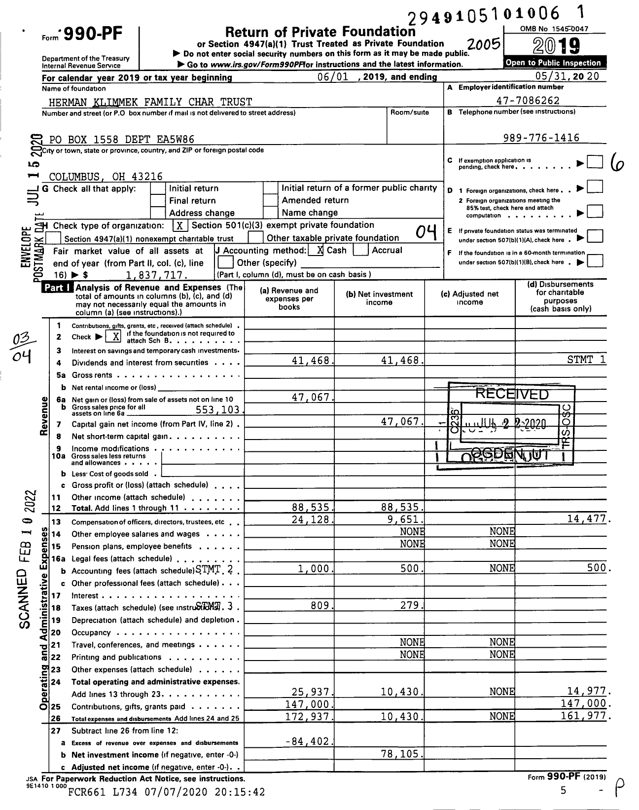 Image of first page of 2019 Form 990PF for Herman Klimmek Family Char Trust