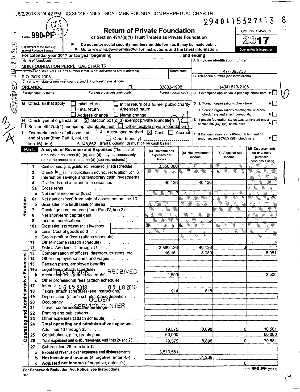 Image of first page of 2017 Form 990PF for MHK Foundation Perpetual Charitable Trust