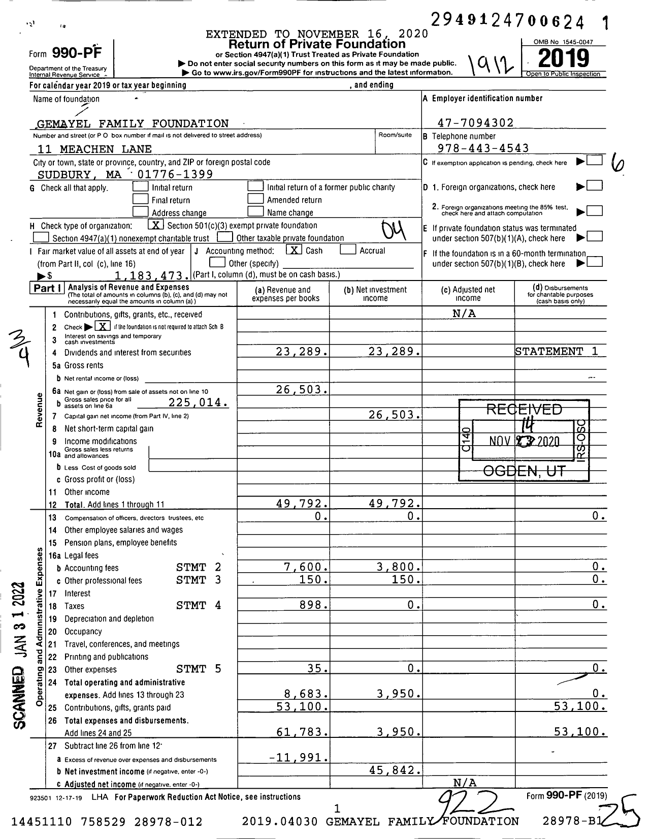 Image of first page of 2019 Form 990PF for Gemayel Family Foundation