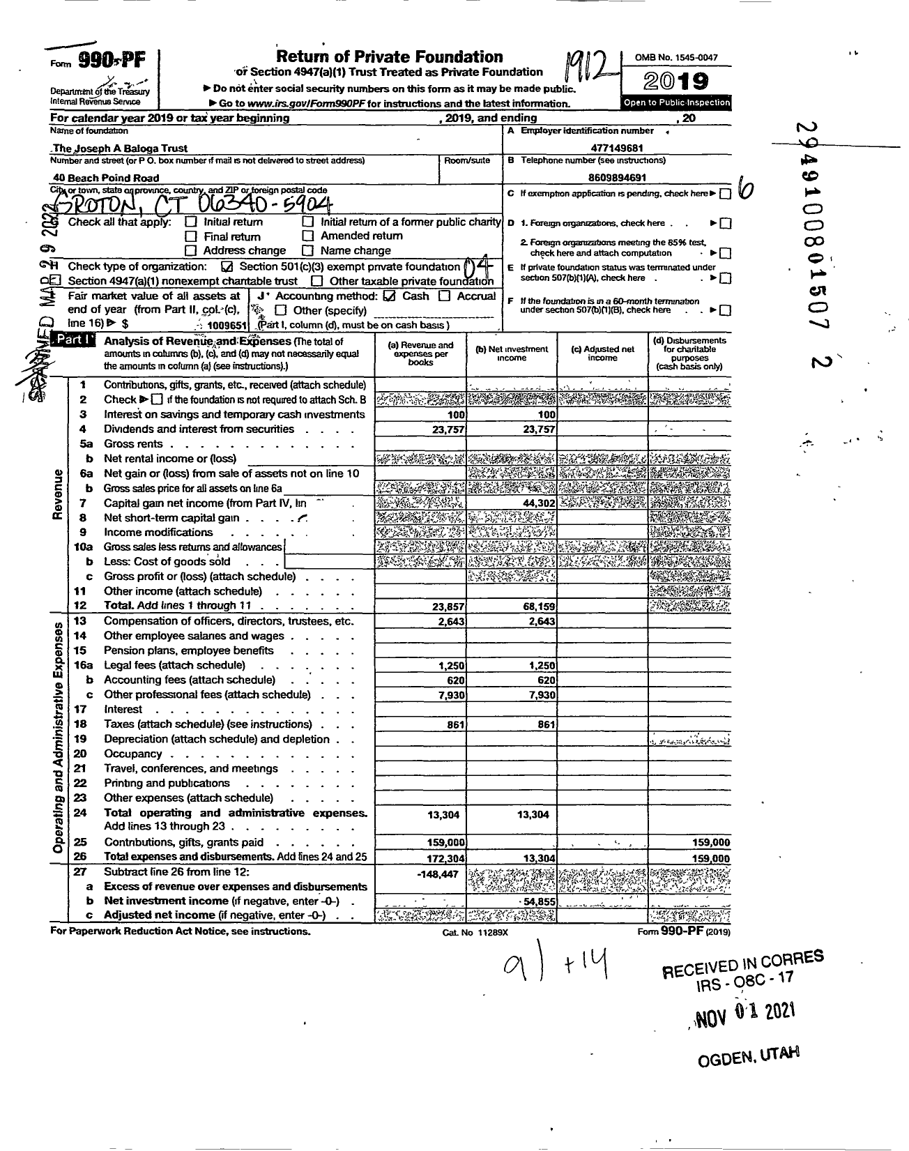 Image of first page of 2019 Form 990PF for Joseph A Baloga Trust