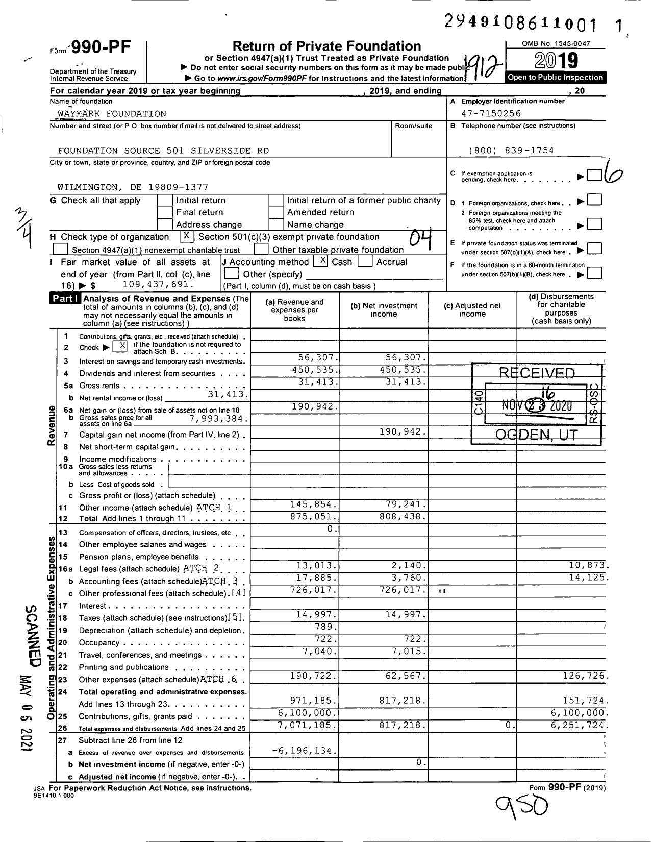 Image of first page of 2019 Form 990PF for Waymark Foundation