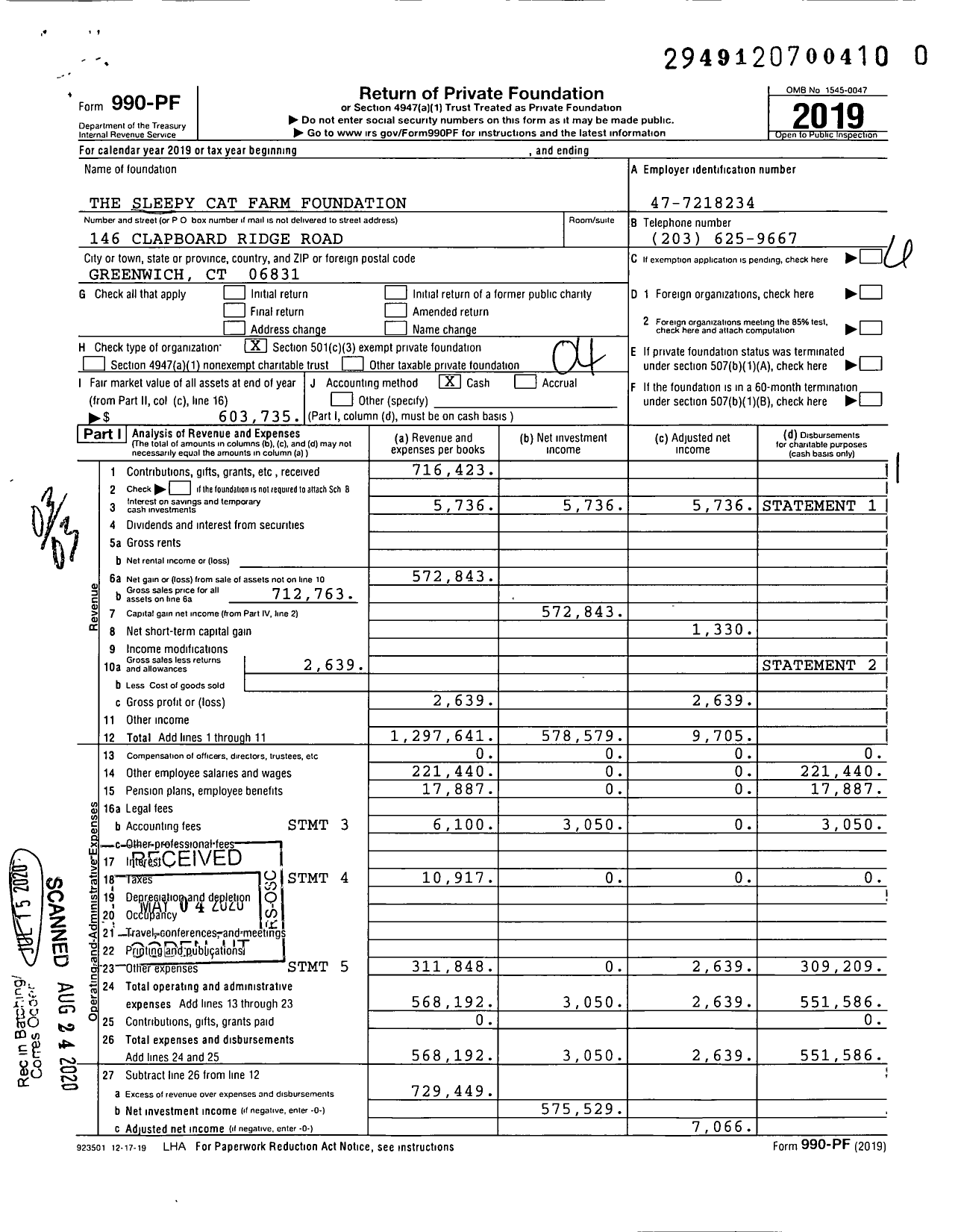 Image of first page of 2019 Form 990PR for The Sleepy Cat Farm Foundation