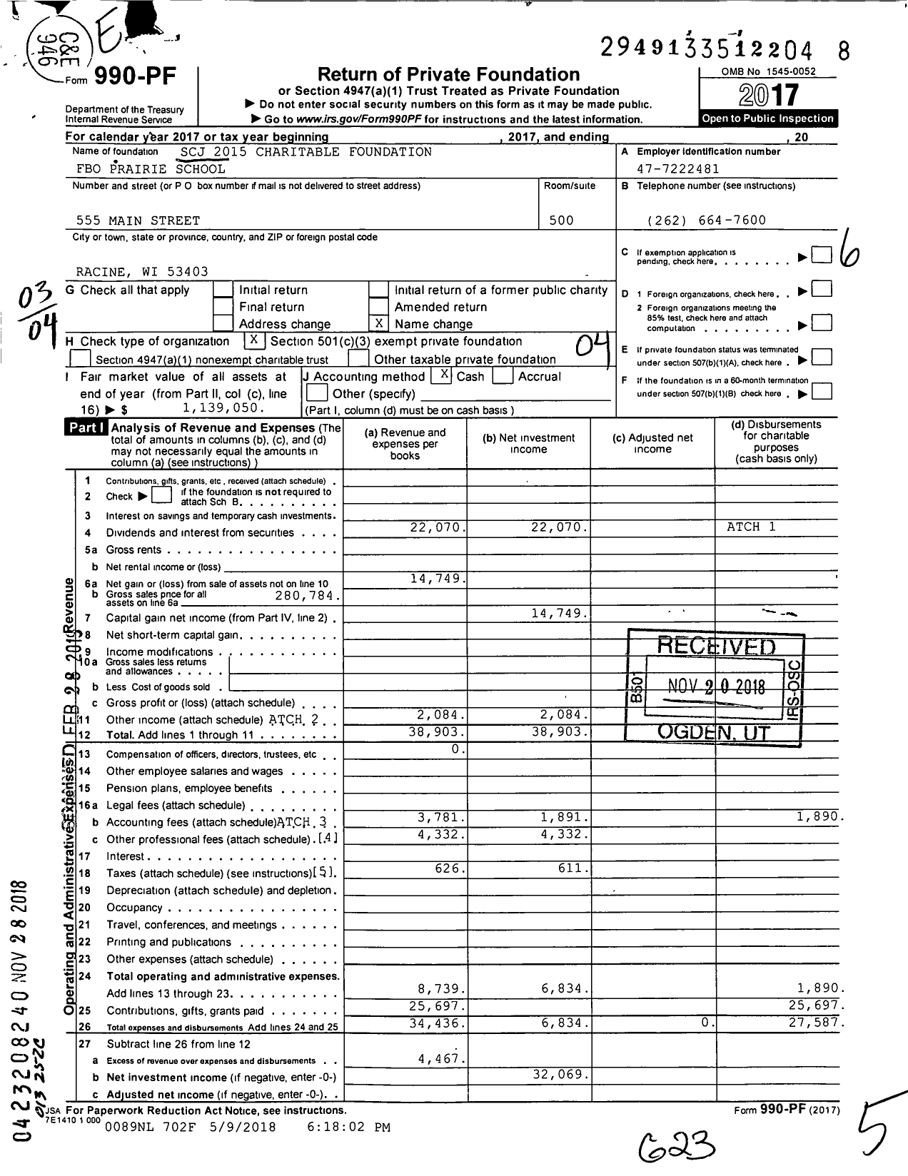 Image of first page of 2017 Form 990PF for SCJ 2015 Charitable Foundation Fbo Prairie