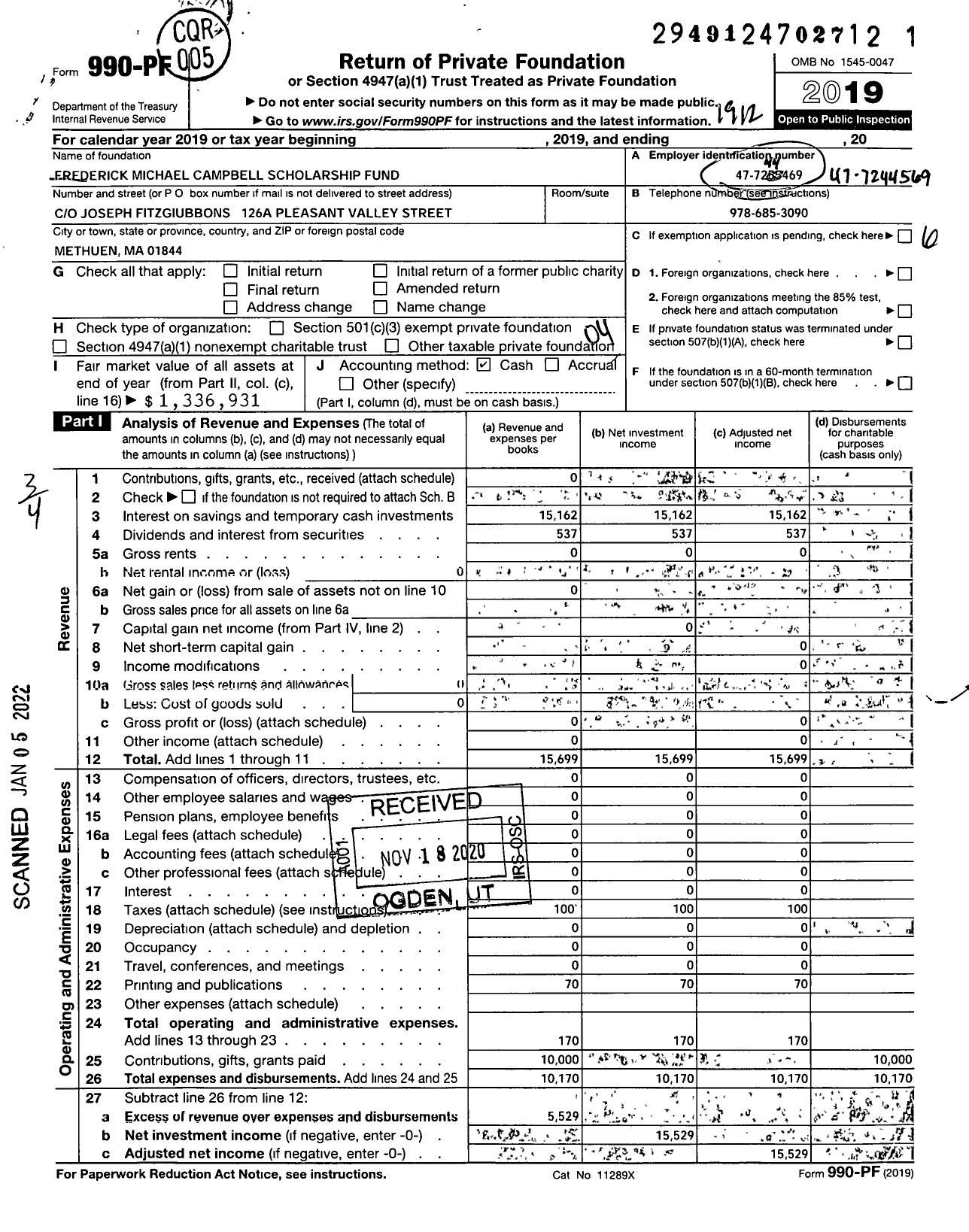 Image of first page of 2019 Form 990PF for Frederick Michael Campbell Scholarship Fund