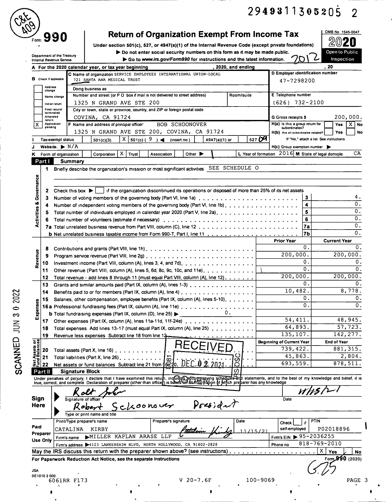 Image of first page of 2020 Form 990O for Service Employees International Union-Local 721 Santa Ana Medical Trust