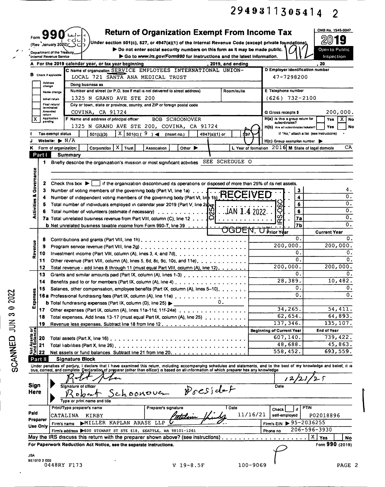 Image of first page of 2019 Form 990O for Service Employees International Union-Local 721 Santa Ana Medical Trust