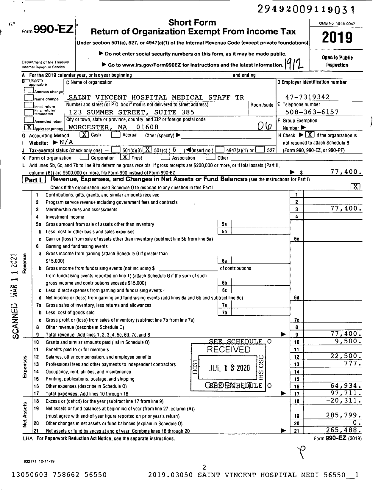 Image of first page of 2019 Form 990EO for Saint Vincent Hospital Medical Staff Trust