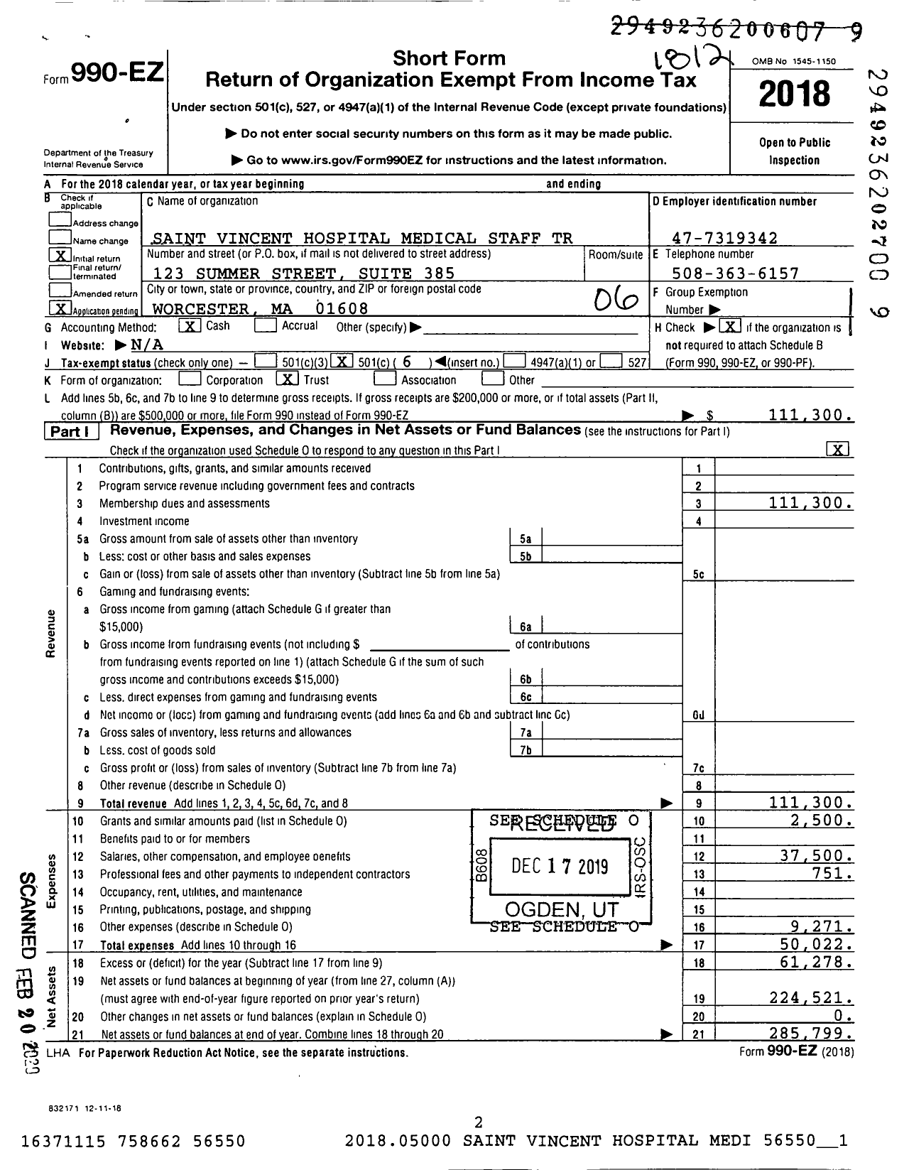 Image of first page of 2018 Form 990EO for Saint Vincent Hospital Medical Staff Trust