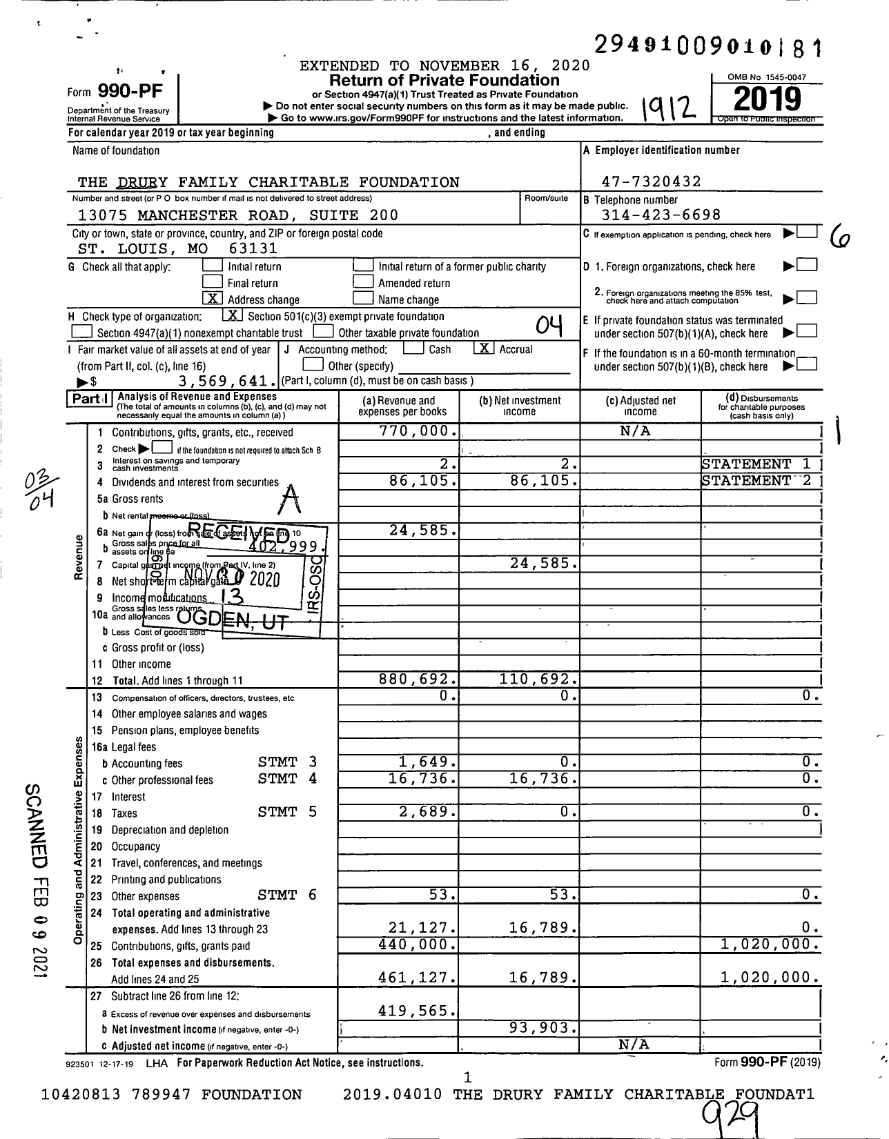 Image of first page of 2019 Form 990PF for The DrURY FAMILY CHARITABLE FOUNDATION