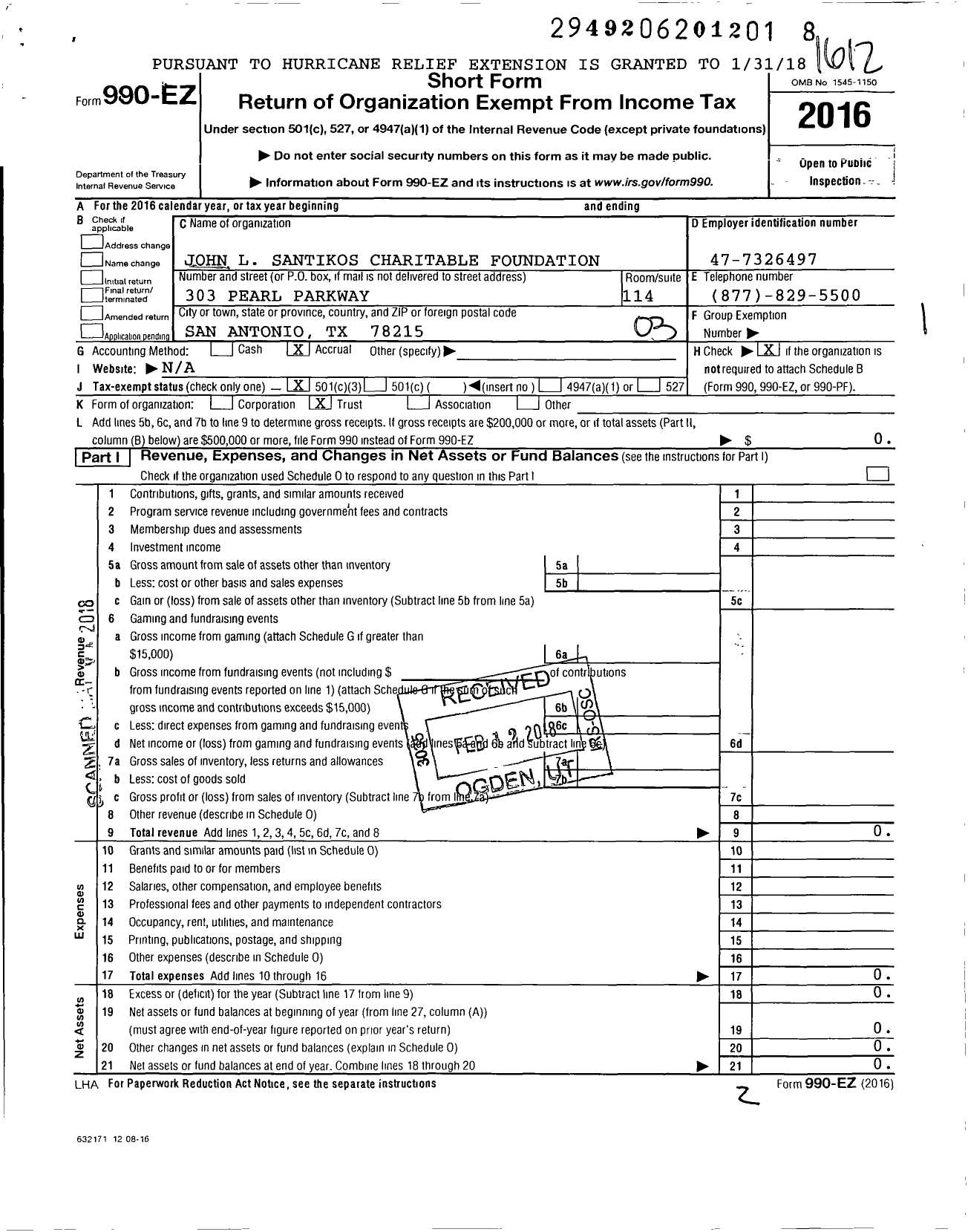 Image of first page of 2016 Form 990EZ for John L Santikos Charitable Foundation