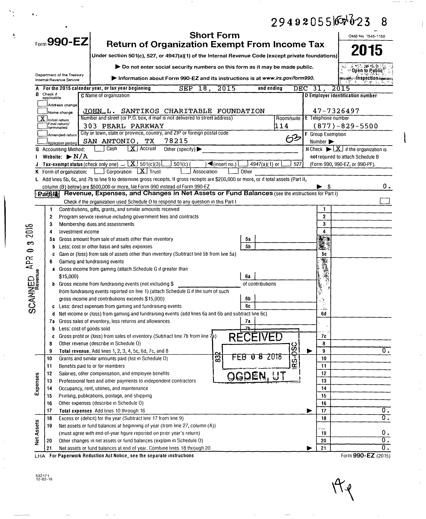 Image of first page of 2015 Form 990EZ for John L Santikos Charitable Foundation