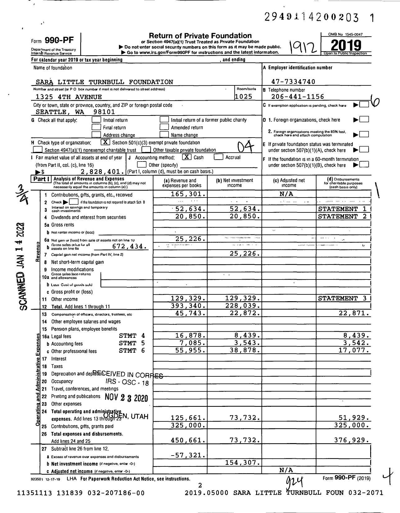 Image of first page of 2019 Form 990PF for Sara Little Turnbull Foundation