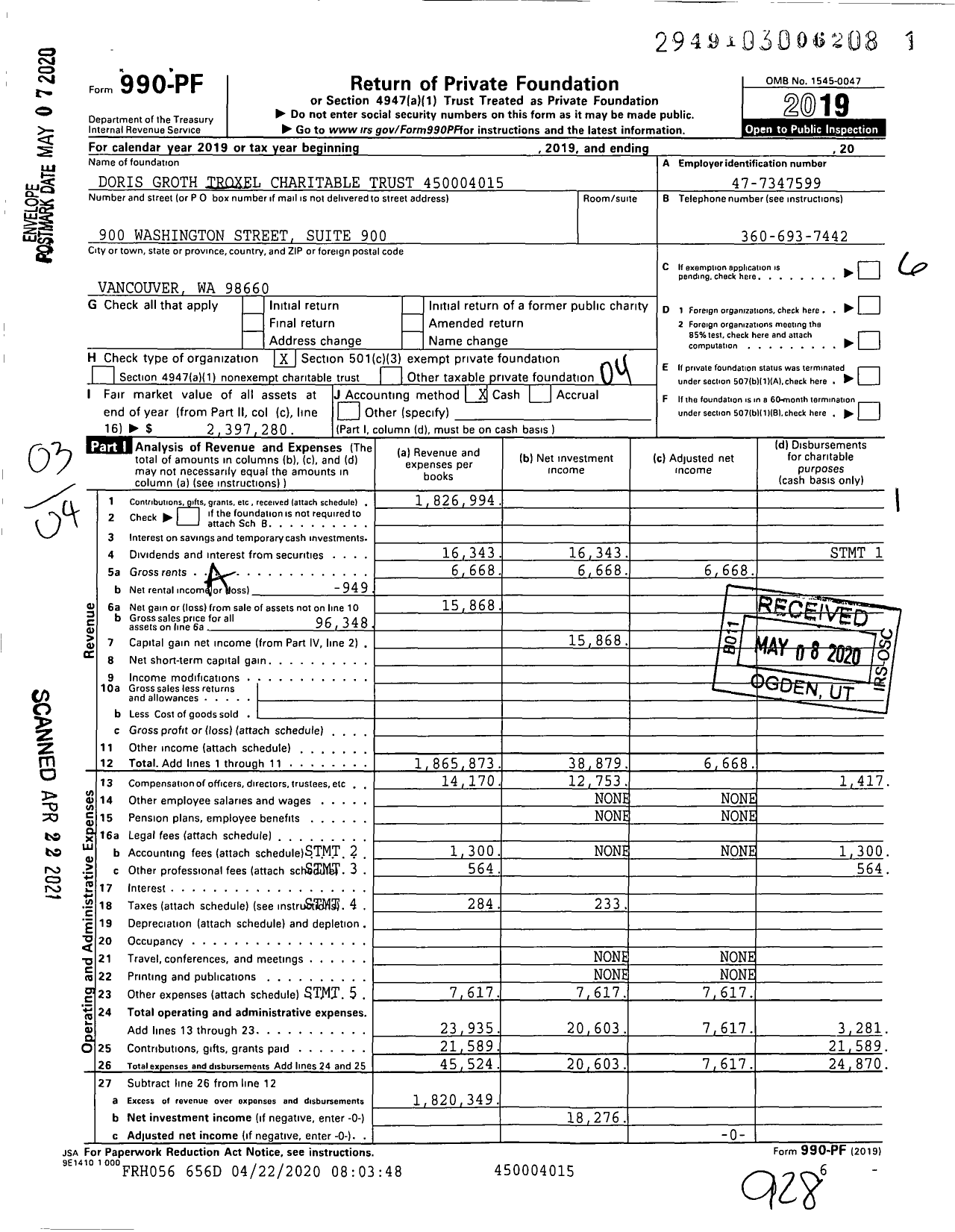 Image of first page of 2019 Form 990PF for Doris Groth Troxel Charitable Trust