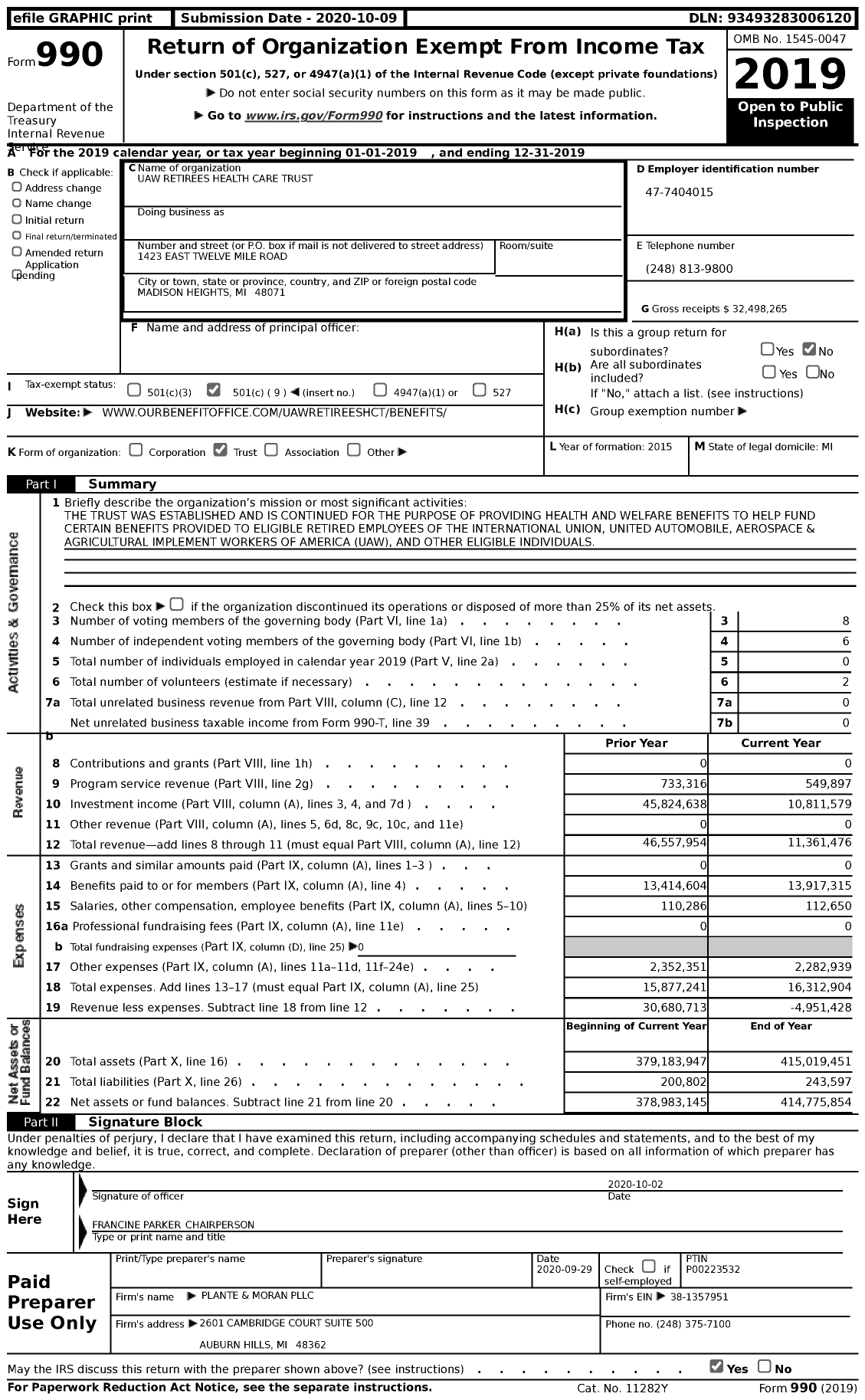 Image of first page of 2019 Form 990 for UAW Retirees Health Care Trust